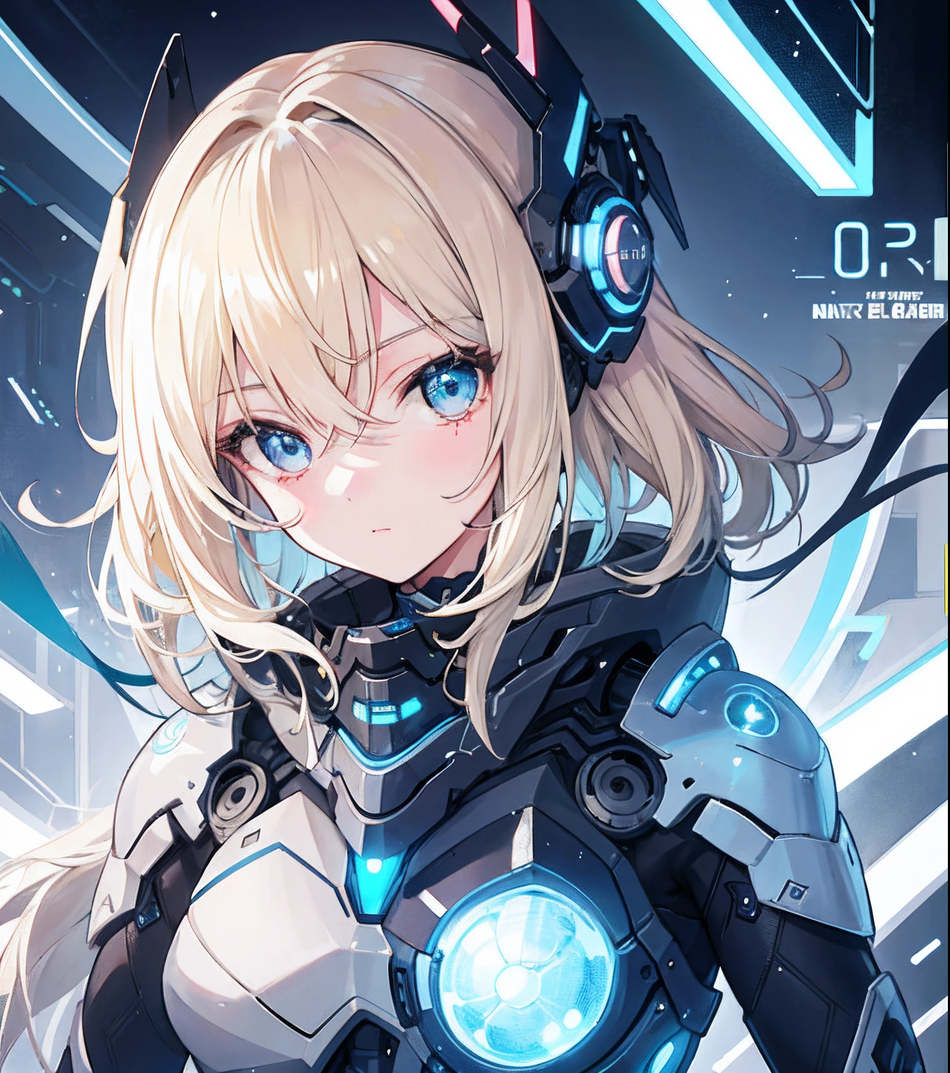 1girll, Blonde, Smooth hair, Detailed face, Cute, Good anatomy, Gray and black mech set, Bright lights, Blue light, Futuristic city
