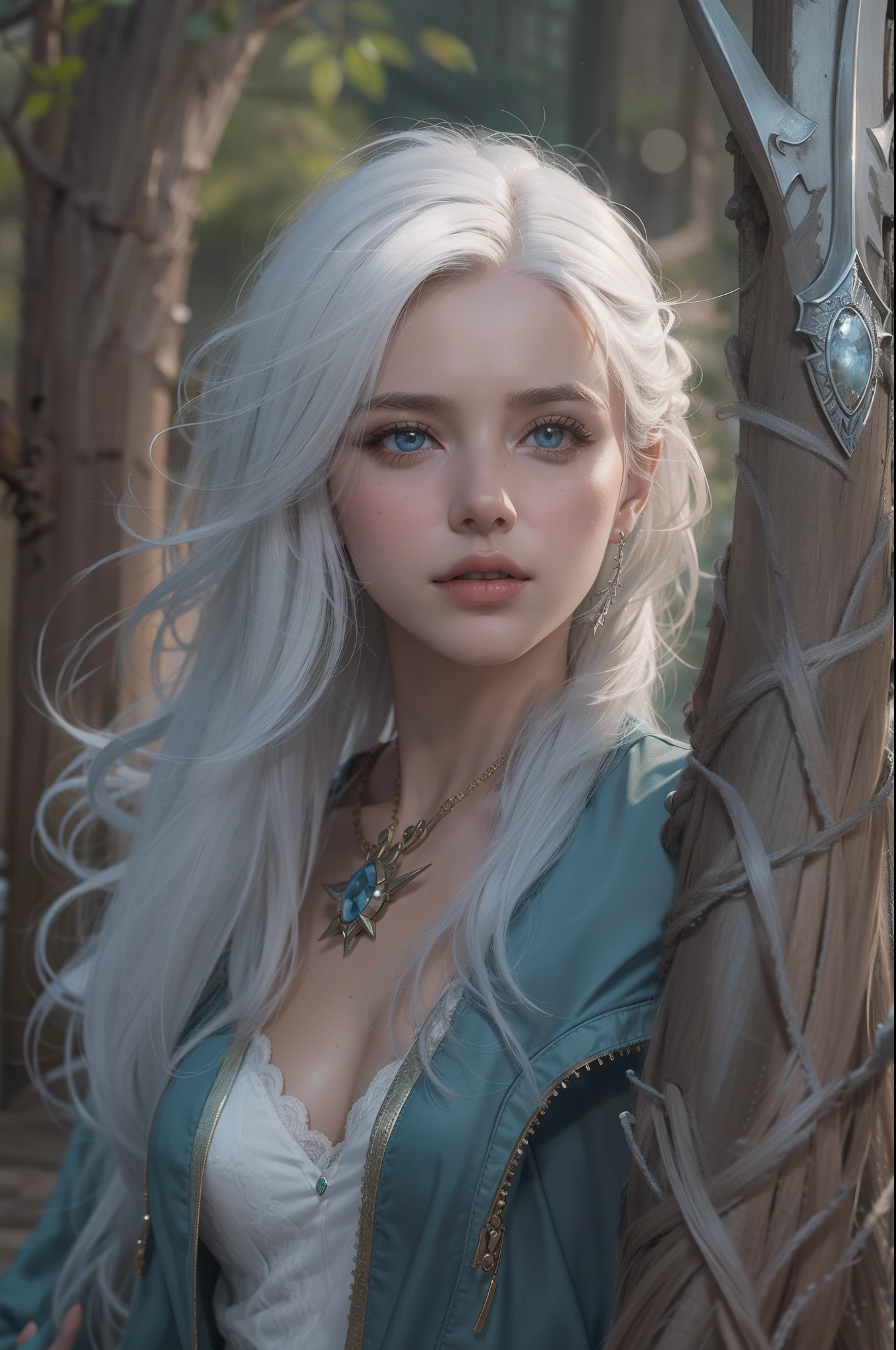 Mulher que lembra a Ciri de The Wicther, com longos cabelos brancos e olhos azuis brilhantes, vestindo roupa casual, seus cabelos chicoteando seu rosto com o vento, com asas de anjo saindo de suas costas