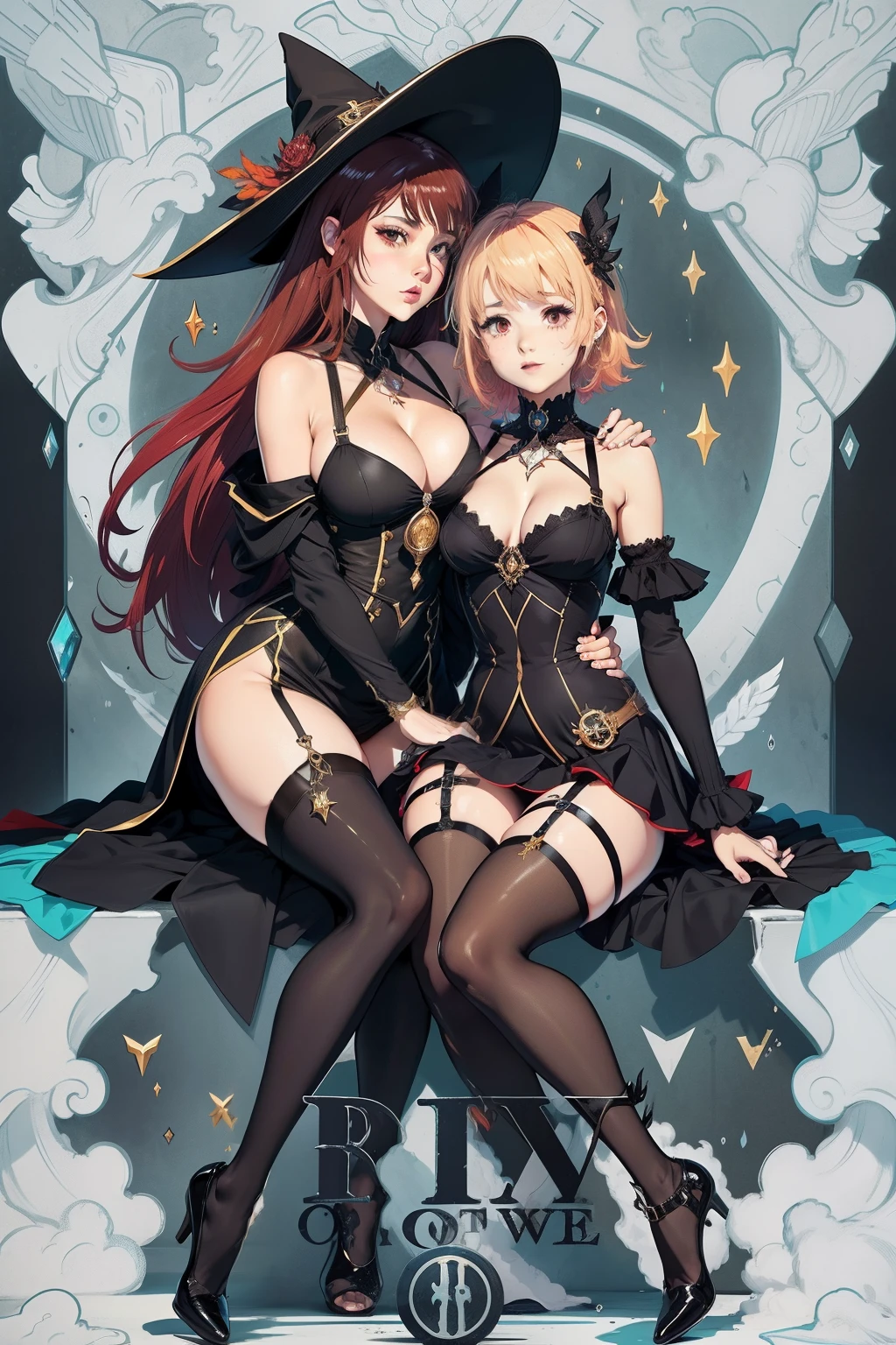 matching hairstyle,Match poses,sexyposture,High split end,high-waist,Bright colors,Magic background,water background,the sky background,2girls,2 witches,Witch hat,Stocking tights,Jumpsuits,Intimate dress,Wrap tightly,Sexy bra,Pantyhose wrapped around the hips,Sexy,Wrap your entire body in clothes,Not exposed,mistic,abstact,Lady,Smiling,inquisitive,Ultimate leg beauty,Sexy girl pose,lesbian,French kiss,Wet kiss,face to face,hugs,cuddle,Close contacts,Snugly fit together,Side Body,Kiss,tongue kissing,Lovers,stroking each other,desire big breasts,squelch,Body overlap,squishing,Squeeze the chest,Squeeze each other's chests,Love,Love each other,sitting on the stone,garter,leg loops,Sexy bra,Pantyhose wrapped around the hips,Open at the underwear,clear clothing,Fully transparent,titmouse,camel-toe,body curve,stooped,mistic,Stocking tights,Jumpsuits,((((dramatics))),(((grittiness))),(((irate)))A movie poster with a young woman as the central character。Witch hat,schoolgirl,She stands confidently in the center of the poster,Wear fashion-forward attire,with a determined expression on her face。The background is dark and tough,There is a sense of danger and intensity, and the color palette is predominantly dark,With bright colors,giving the poster a dynamic and visually striking appearance,tachi-e (Magazines:1.3),(Cover style:1.3),Fashionab,woman,with dynamism,garments,posing on a,frontage,rich colourful,dyna,Background with,element in,self-assured,Expressing the,halter,statement,Accessories,A majestic,coil,Runt,Touching pubic area,Scenes,Cover of a,Bold,attention-grabbing,Fashionab,Catchy,titles,more big,attention-grabbing, modern day, Fashionab, focal, Fashionab,There is no title,There is no text