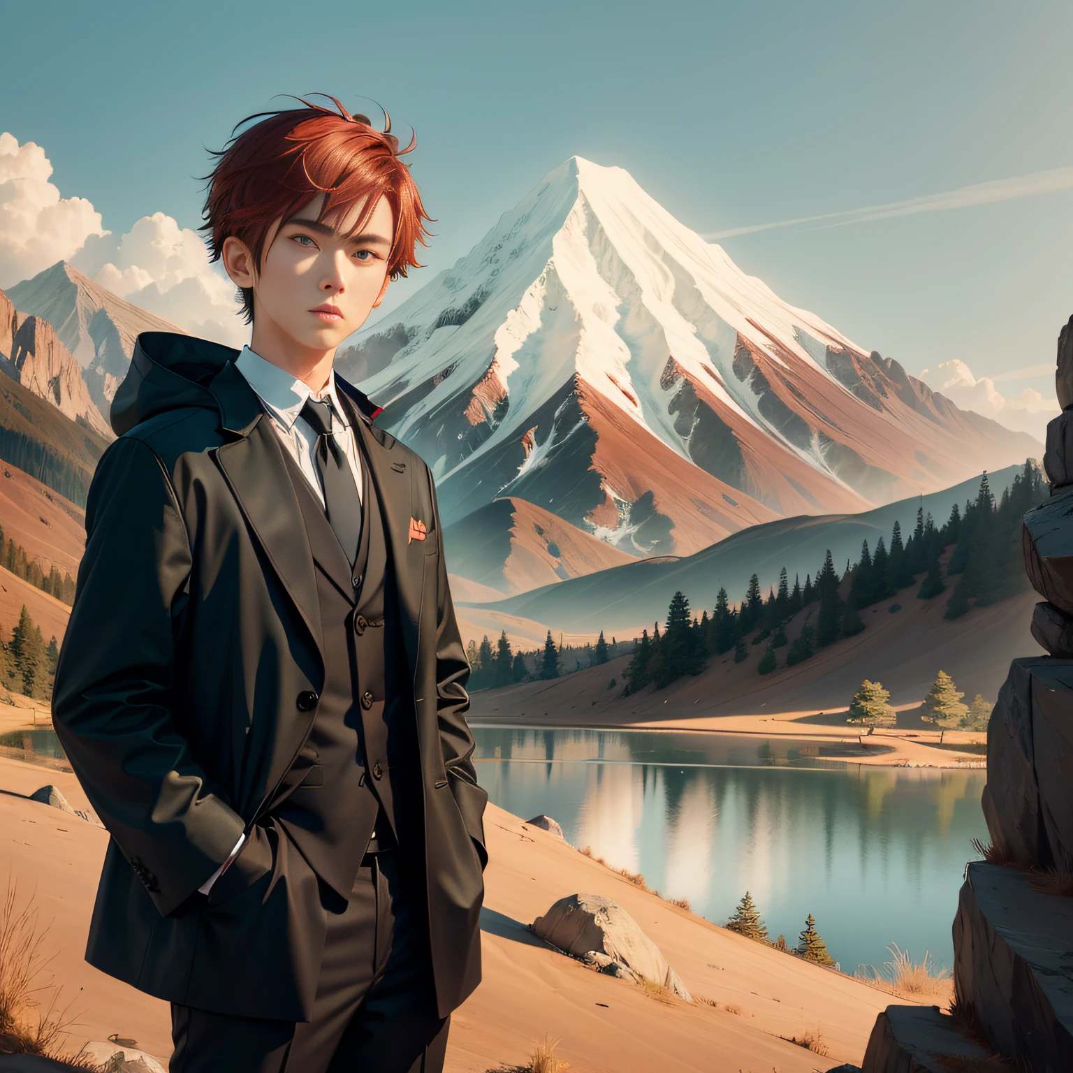 Inspired by Bian Shoumin,(Masterpiece, the best quality), A boy with,green pupills,Brownish red hair,The corners of the mouth are slightly raised,Be red in the face,15year old,dressed in a black coat,Blackn clothes,A blue tie,Put your hands in your pockets,Right in front of us,Cute and handsome Japanese painting style,quadratic element,There are mountains in the back,The background is bluish,Only half of the body is exposed,Sunny and handsome,head portrait