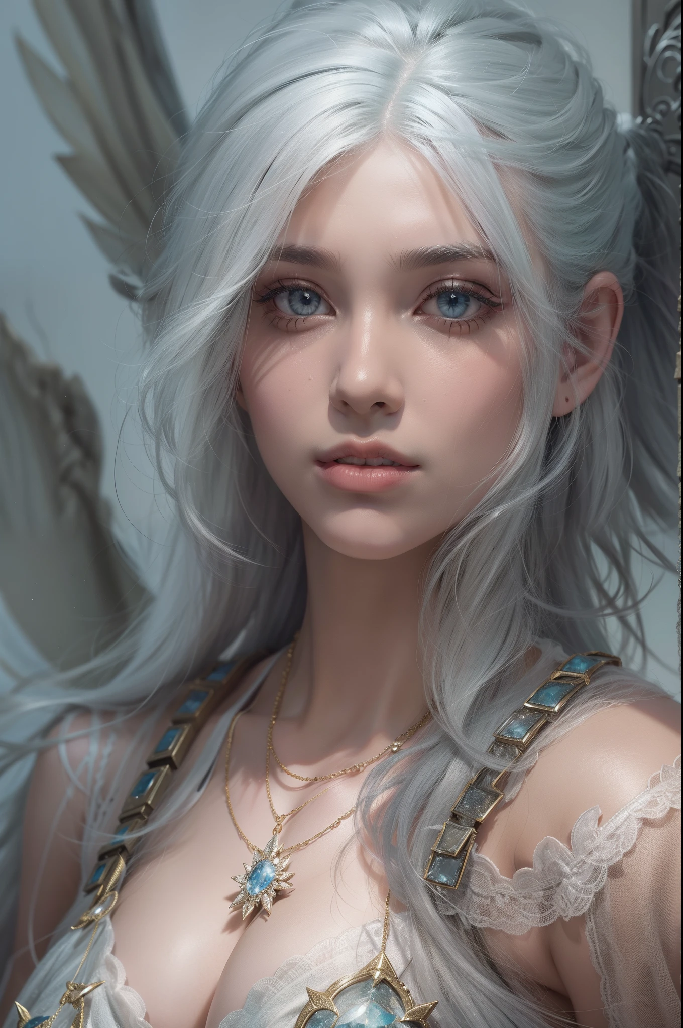 Mulher que lembra a Ciri de The Wicther, com longos cabelos brancos e olhos azuis brilhantes, vestindo roupa casual, seus cabelos chicoteando seu rosto com o vento, com asas de anjo saindo de suas costas