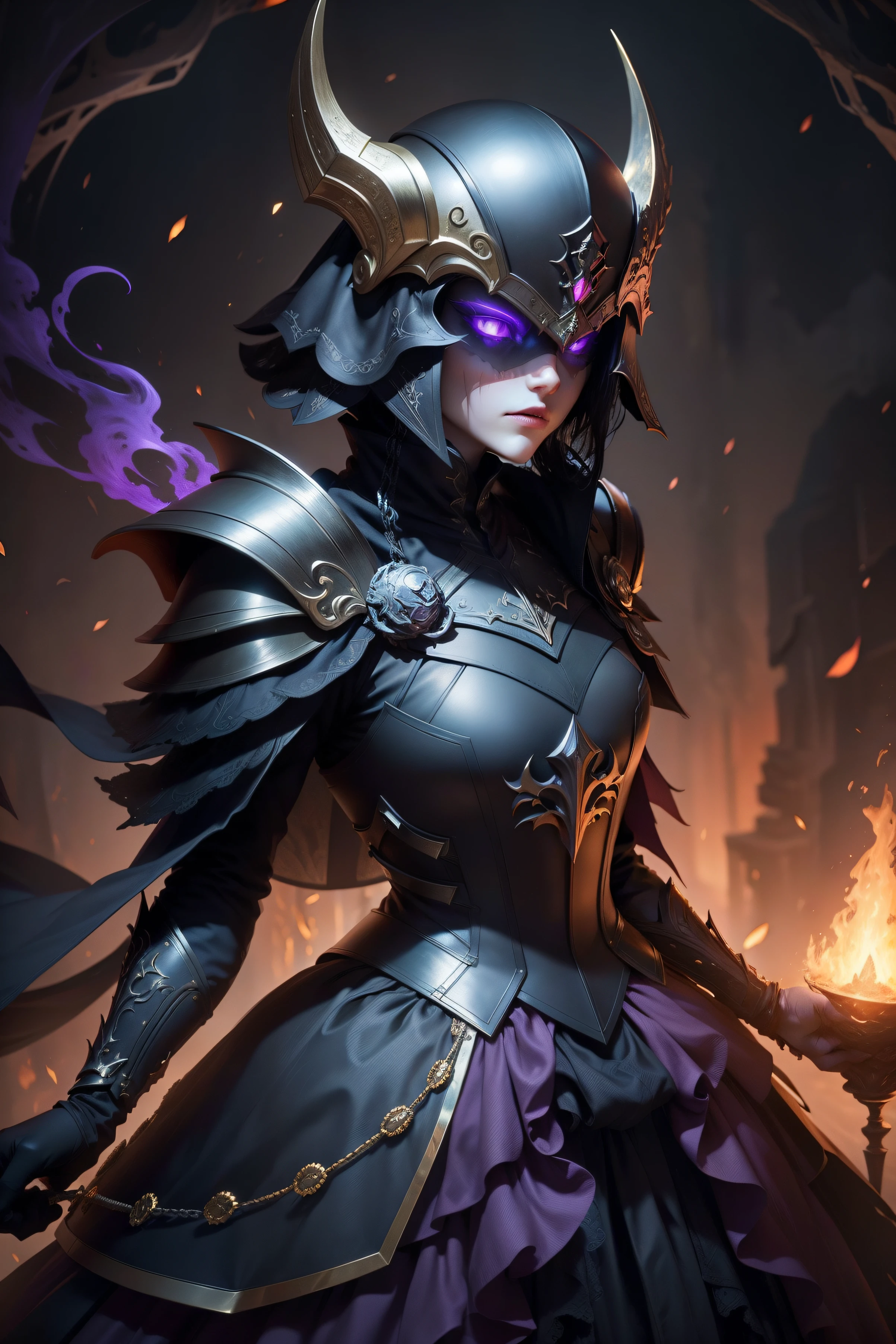 Dark style helmet,A product of the void,It emits a purplish-red glow,There is a mouth full of teeth open,Dark elements,exquisite detailing,high qulity,There are dark purple selling windings around it,A symbol of evil,Only the Dark Lord wears this helmet,The helmet of the Dark Lord,Gold-toned hemming,Gorgeous pattern,Many, many layers and structural details,Fire and Void