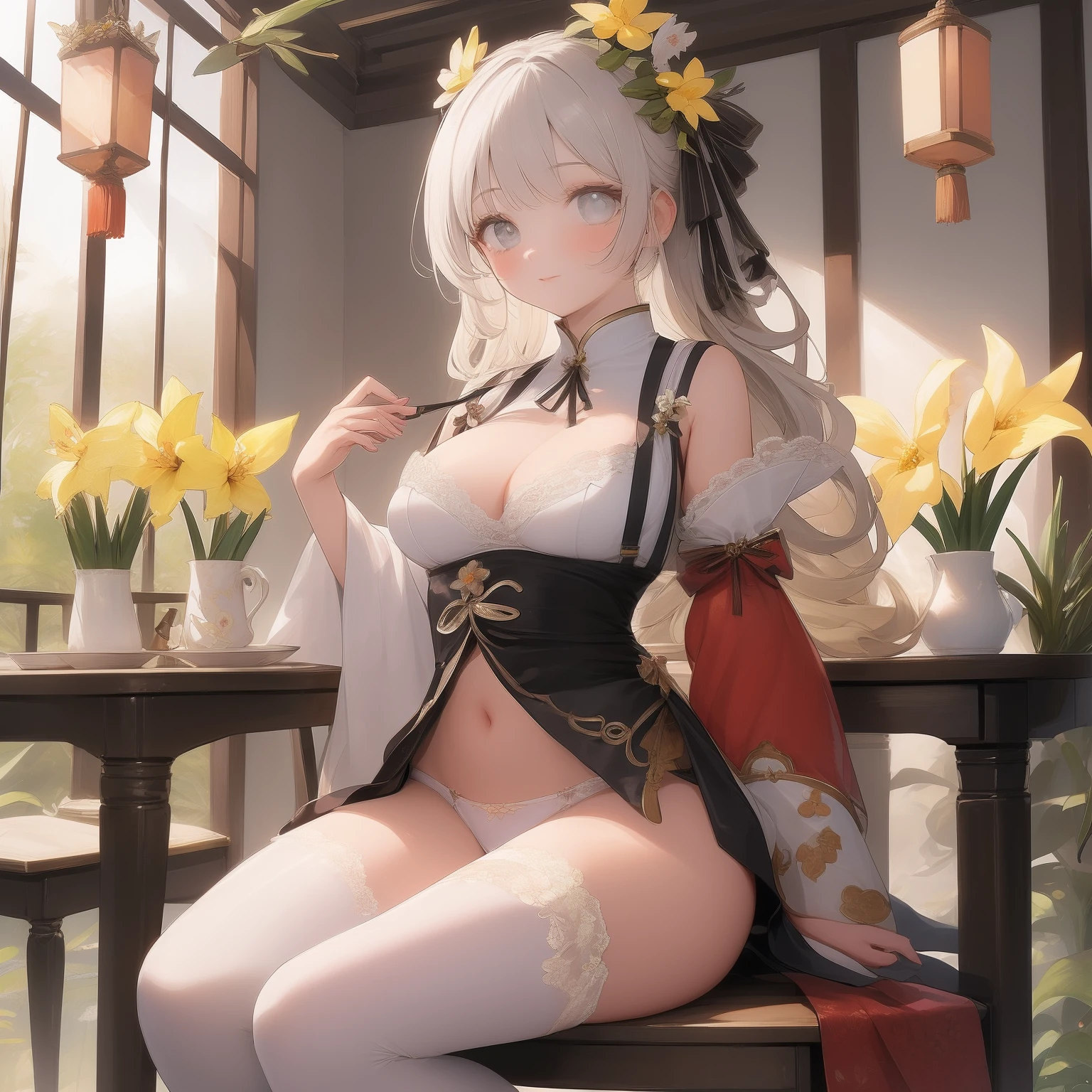 Chinese oriental elements,teals,falling leaf,autumnal,The is very detailed,CG,unified,8k 壁纸,Amazing Cleavage,finely detailled,Sit on a rattan chair,Tea table,Kizi, Beautiful detailed eyes, Long white hair, light grey eyes,, High white stockings, Vivid, flower, daffodil, Hyacinth, Falling petals, , High contrast, ((Masterpiece, Best quality)), Cinematic light,Open breasts,cleavage,Lace lace panties,suspender stockings,cleavage,brassier,navel,Sexual suggestiveness,Loves,,lacepantyhose,Thin leg,slimfigure,perspire,pantiess,lifting up skirt,,(((Skirt lift:1.3))),((,Adult women,Mature figure