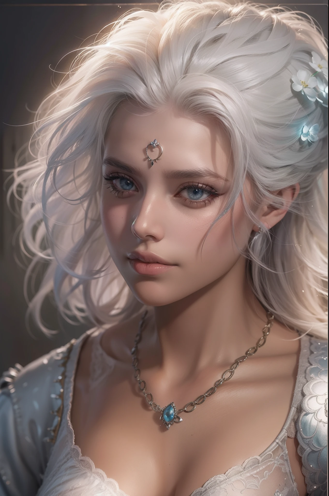 Mulher que lembra a Ciri de The Wicther, com longos cabelos brancos e olhos azuis brilhantes, vestindo roupa casual, seus cabelos chicoteando seu rosto com o vento, com asas de anjo saindo de suas costas