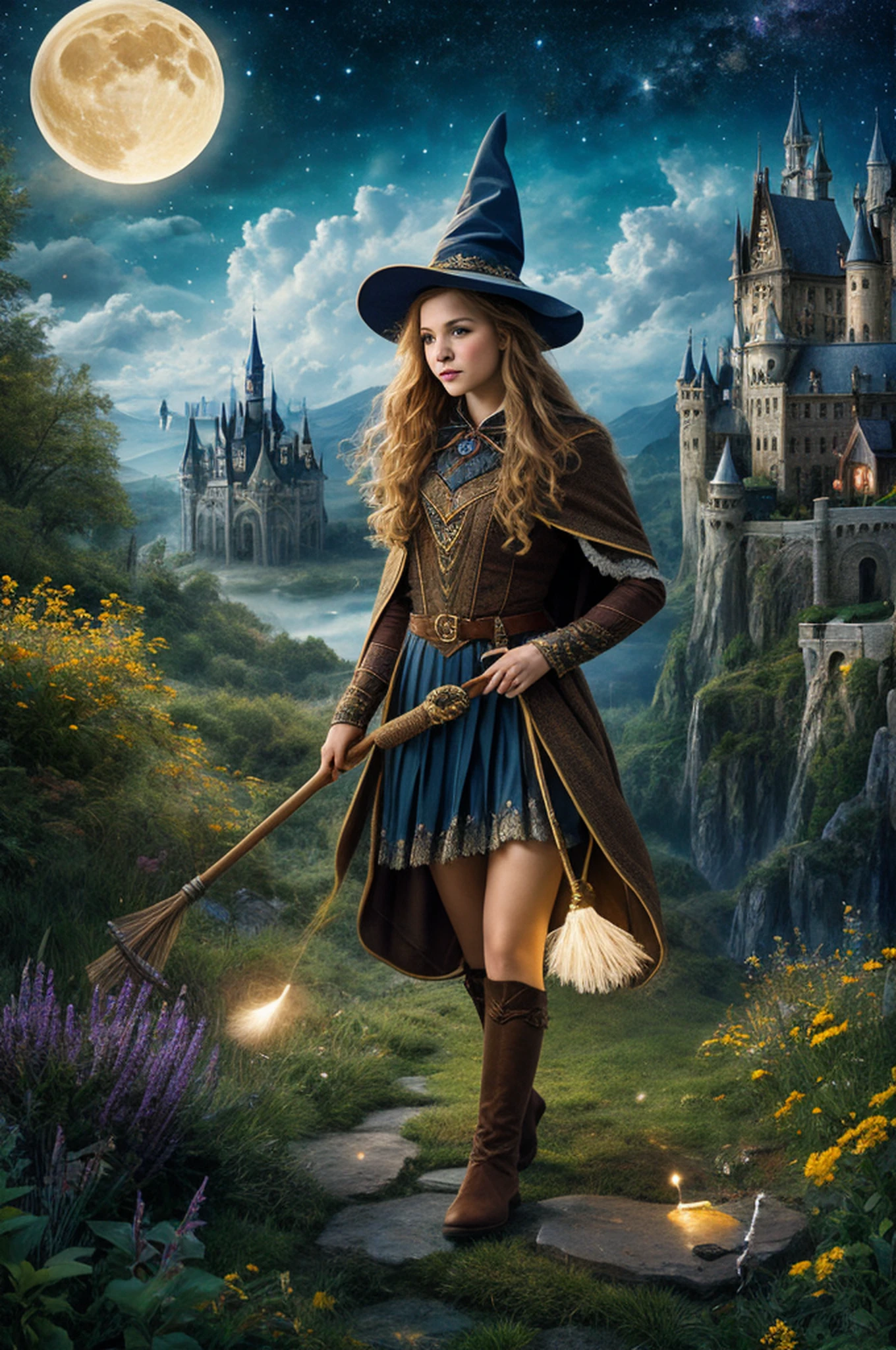 masterpiece, best quality, ultra-detailed, illustration, 1girl, solo, fantasy, flying, broom, night sky, outdoors, magic, spells, moon, stars, clouds, wind, hair, cape, hat, boots, broomstick, glowing, mysterious, enchanting, whimsical, playful, adventurous, freedom, wonder, imagination, determination, skill, speed, movement, energy, realism, naturalistic, figurative, representational, beauty, fantasy culture, mythology, fairy tales, folklore, legends, witches, wizards, magical creatures, fantasy worlds, composition, scale, foreground, middle ground, background, perspective, light, color, texture, detail, beauty, wonder.