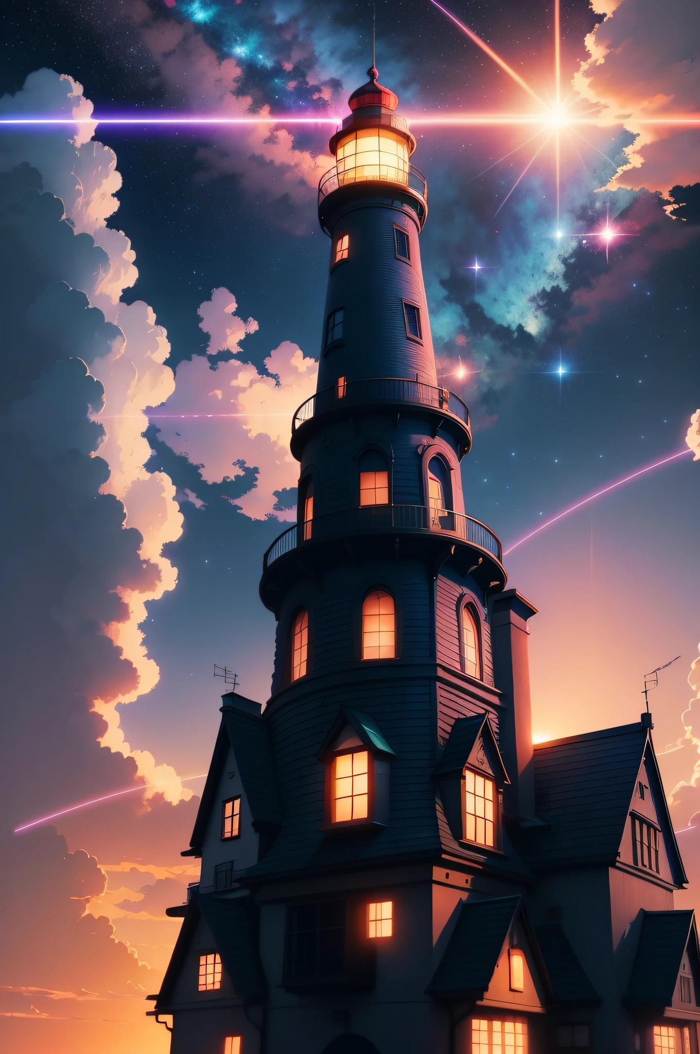 Anime scene of a lighthouse with bright beams in the sky, colorful anime movie background, beautiful anime scenes, Cosmos Sky. By Makoto Shinkai, ethereal starlit city at sunset, anime style cityscape, Anime background art, Anime Sky, Makoto Shinkai Cyril Rolando, anime backgrounds, beautiful anime scenery, Anime art wallpaper 4k