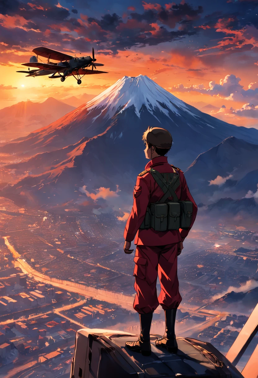soldado con boina roja en el centro (Uniforme de soldado), atardecer con paracaidistas cayendo de aviones en el cielo, Soldado en el centro, Behind silhouette of mountains and volcano against the light, el soldado grande en la aprte central, Planes and small parachutes in the evening sky, sunset horizonte, Fuego completo