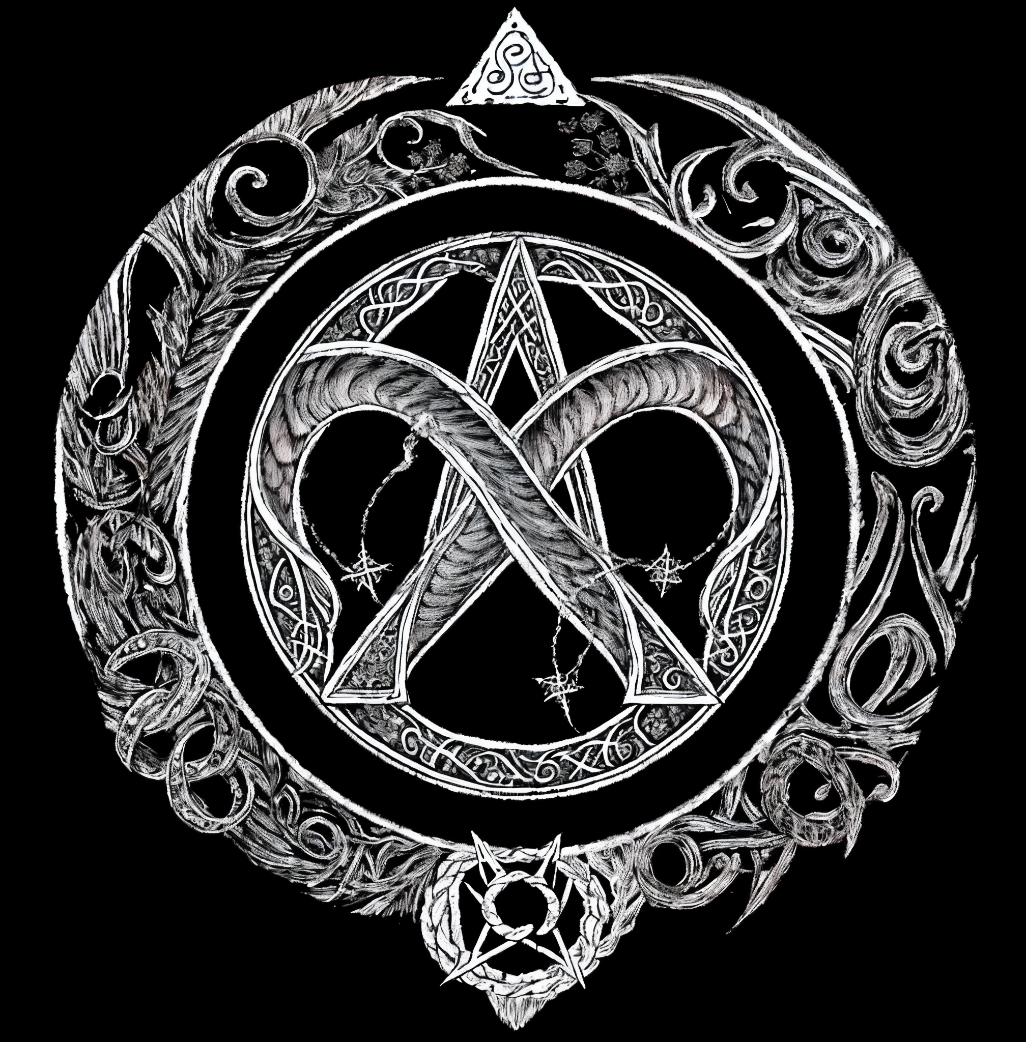 um desenho preto e branco de um desenho circular com setas, leviathan cross, wicca symbols dnd, ancient symbol behind it, fantasy game spell symbol, inscribed with occult symbols, occult symbols hidden, magic symbols, imperial symbol, demonic sigils, esoteric clothes, demonic symbols, jungian symbols of winter, summoning circle, magical sigils