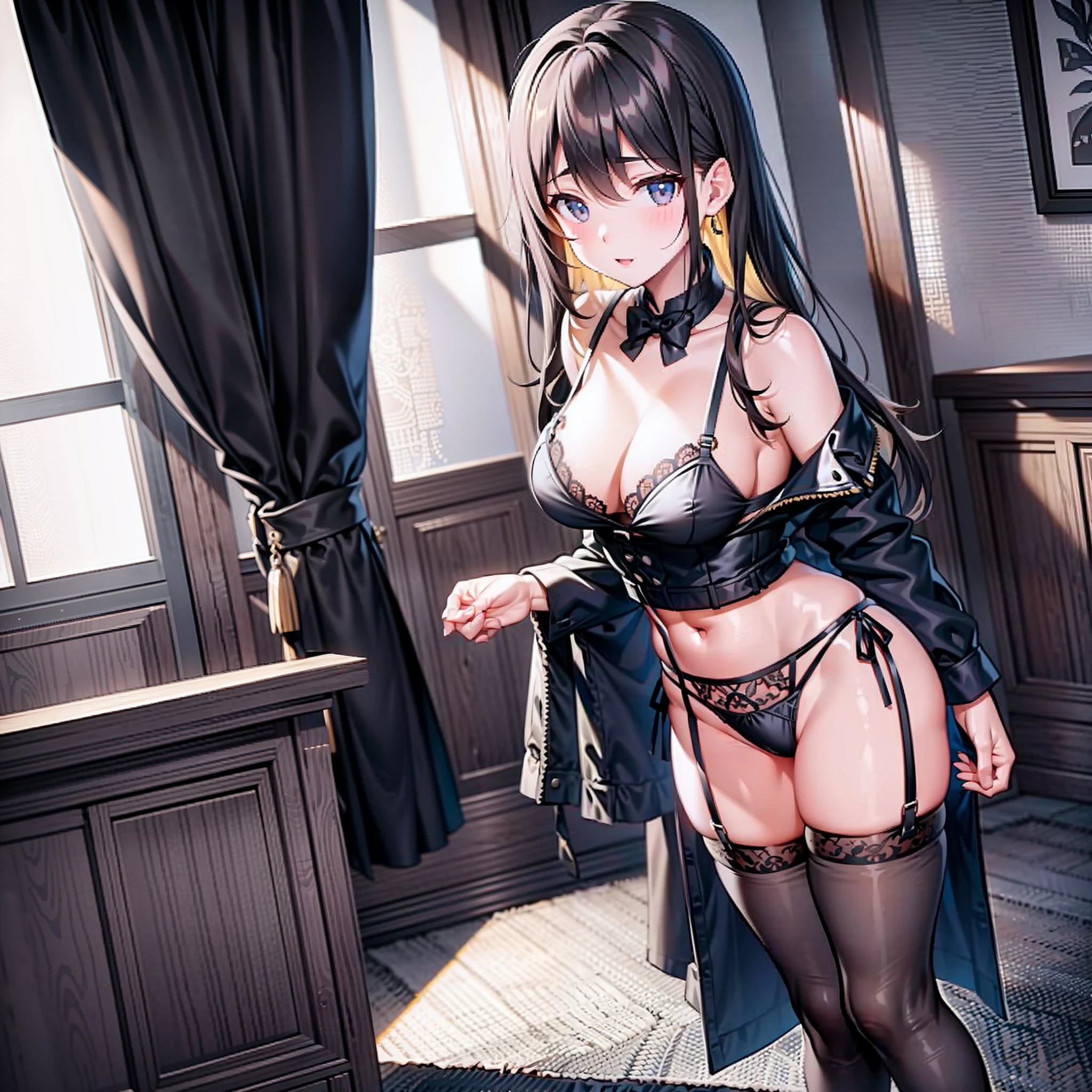 1girll,black lace cleavage underwear,Standing in the living room,独奏,black suspenders stockings