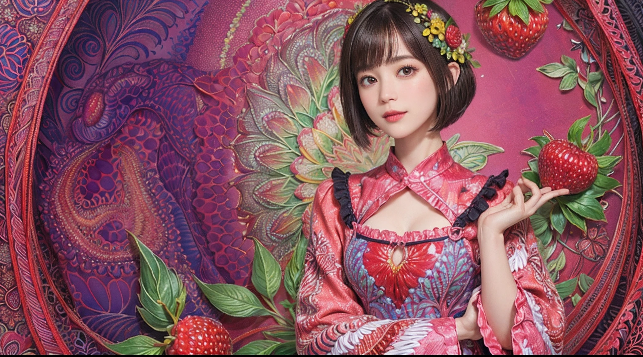 (Ultra detailed backgrounds、detailedbackground)、absurderes、Hi-Res、ultra-detailliert、ighly detailed、1womanl、(Floral clothing)、(Zentangle:1.2)、(fractals:1.2)、(colourfull)、(A dark-haired、Berry - Shorthair:1.3)、A slight smil