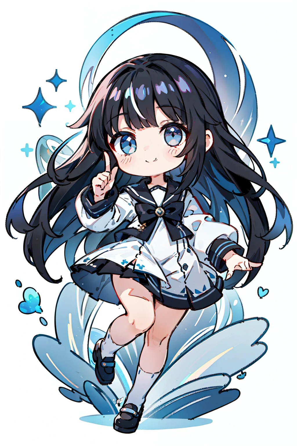 1 girl in、Long Black Hair、winc、A smile、(Iridescent eyes)、Beautiful eyes、((Put the index finger of one hand to your mouth))、White sailor suit、(a sailor suit)、Fluffy skirt、Chibi Chara、From head to thigh、(High resolution of the highest quality)、((masterpiece best quality:1.2))、[[Bad face]], [[Fused fingers]], [[[broken fingers、broken fingers]]]