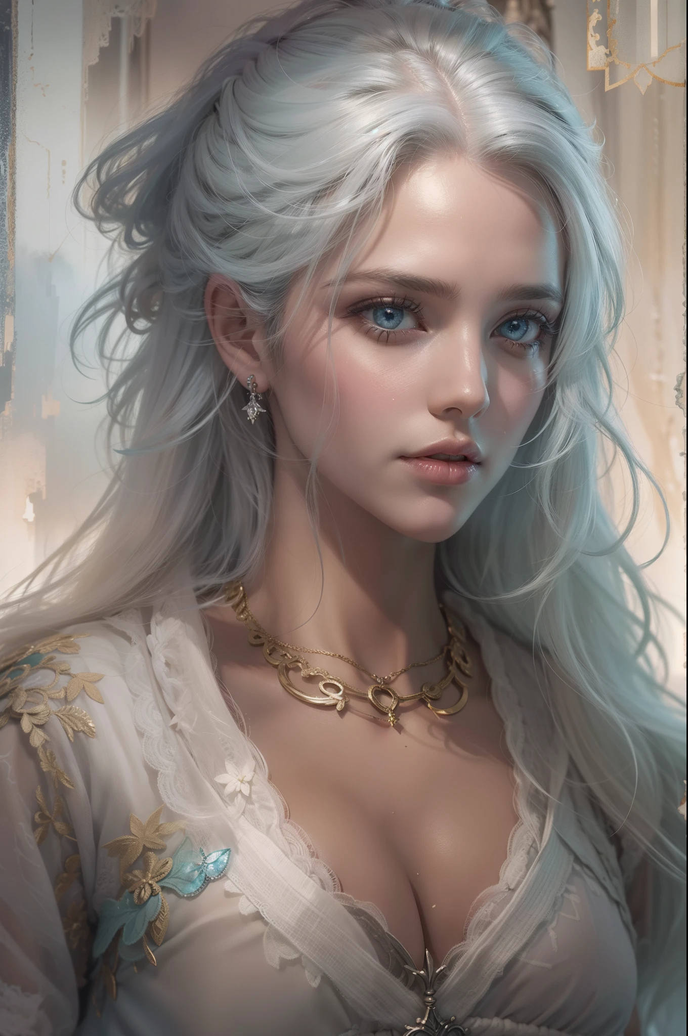 Mulher que lembra a Ciri de The Wicther, com longos cabelos brancos e olhos azuis brilhantes, vestindo roupa casual, seus cabelos chicoteando seu rosto com o vento, com asas de anjo saindo de suas costas