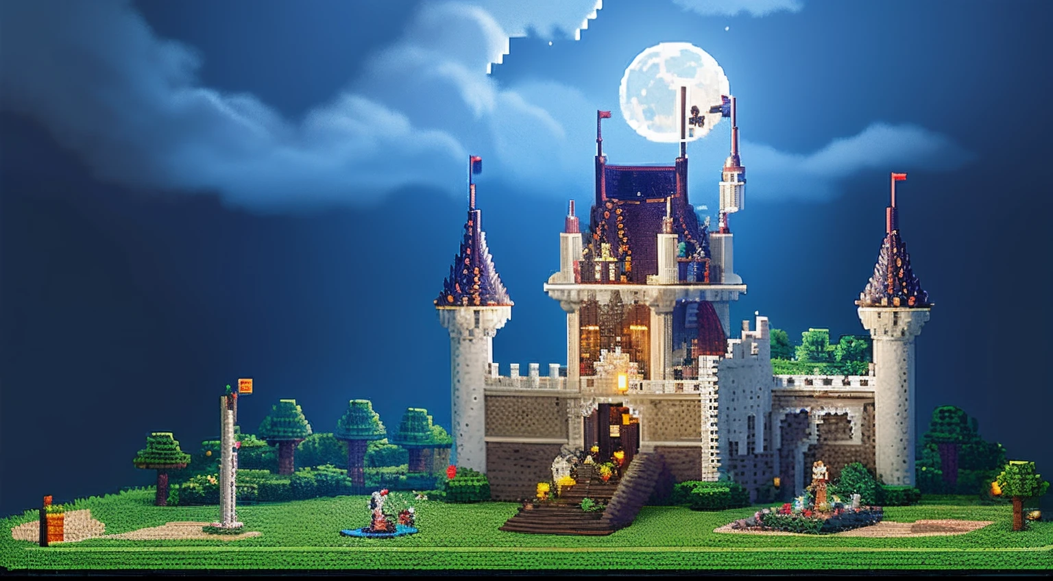 pixel game,scenography,fantastical scenes,Moon Night,Vampire Castle,levitating, Pixel art #pixelart