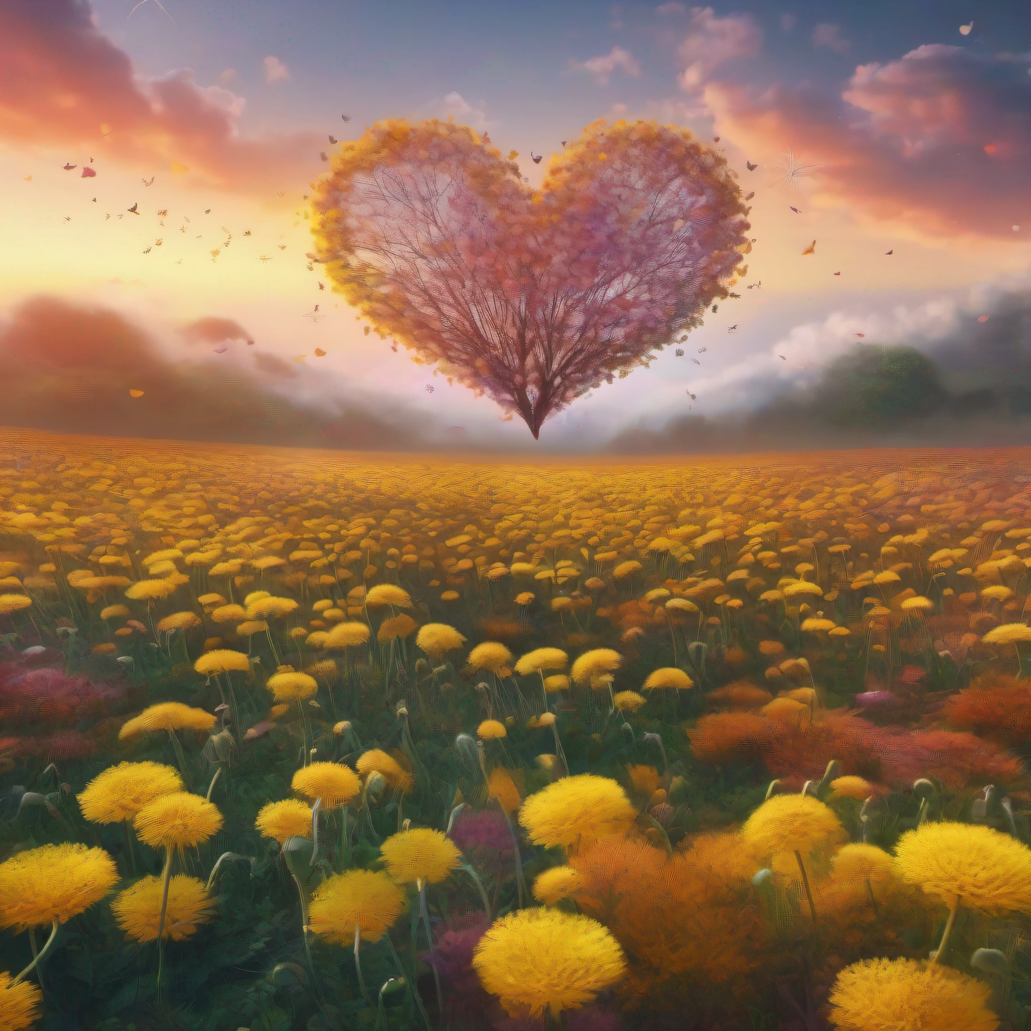 Multiple colored dandelions form a heart shape in the sky, with a vast expanse of dandelions on the ground. The clouds are shaped like flower petals, and there is a gentle breeze. This scene is rendered in 8K high definition and makes for a beautiful live wallpaper