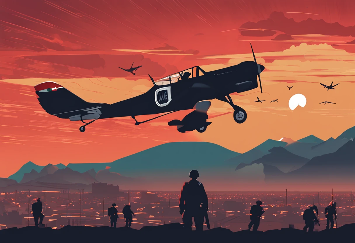 soldado con boina roja en el centro (Uniforme de soldado), atardecer con paracaidistas cayendo de aviones en el cielo, Soldado en el centro, Behind silhouette of mountains and volcano against the light, el soldado grande en la aprte central, Planes and small parachutes in the evening sky, sunset horizonte, Fuego completo