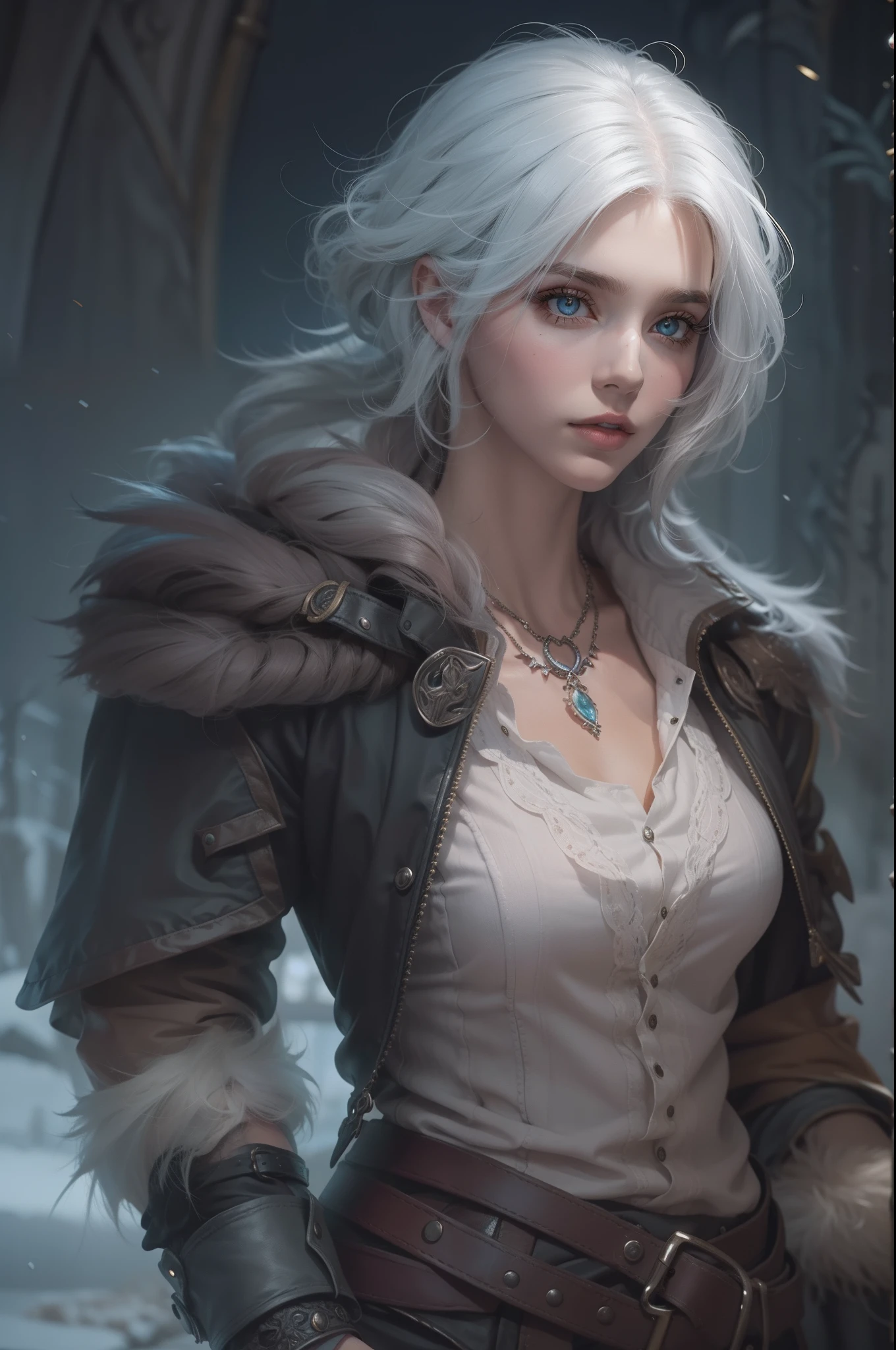 Mulher que lembra a Ciri de The Wicther, com longos cabelos brancos e olhos azuis brilhantes, vestindo roupa casual, seus cabelos chicoteando seu rosto com o vento