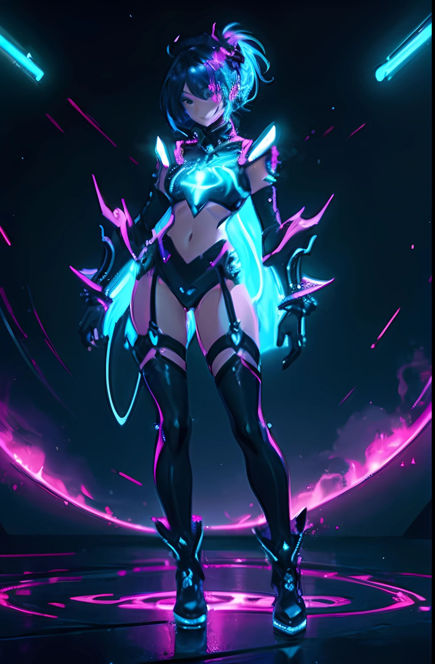 magical girl with dark aesthetic, glowing armor, and a captivating presence. Radiating a seductive glow in vibrant neon lighting, neon glowing hair, ulta high detail, 8k graphics, full body image