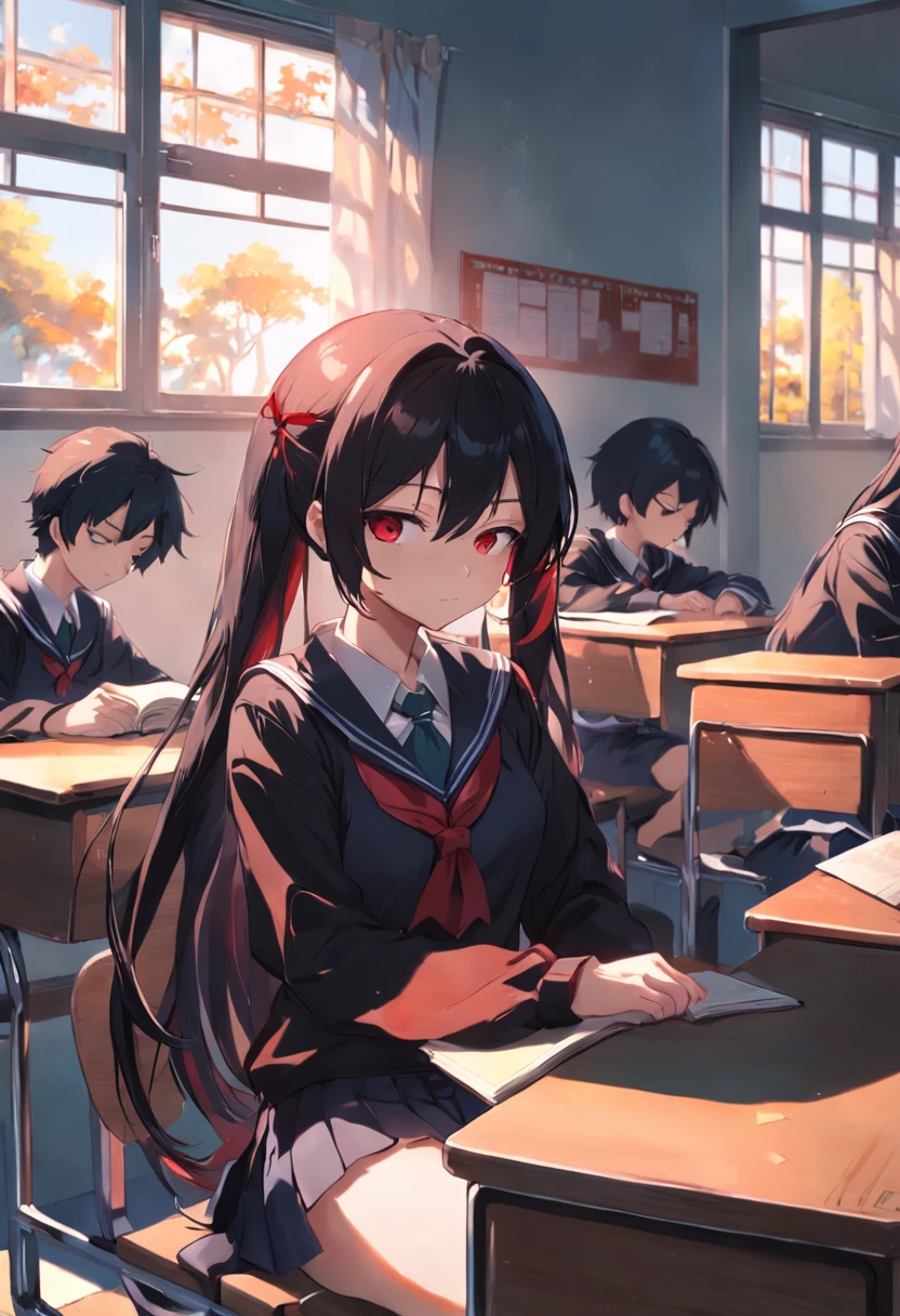 Long black and red hair of anime girl sitting in classroom in school uniform，Sleep on the table，Next to it is a short black hair，Short hair anime boy in school uniform，Two high school students had a stack of books in front of them，The sun is shining outside the window,