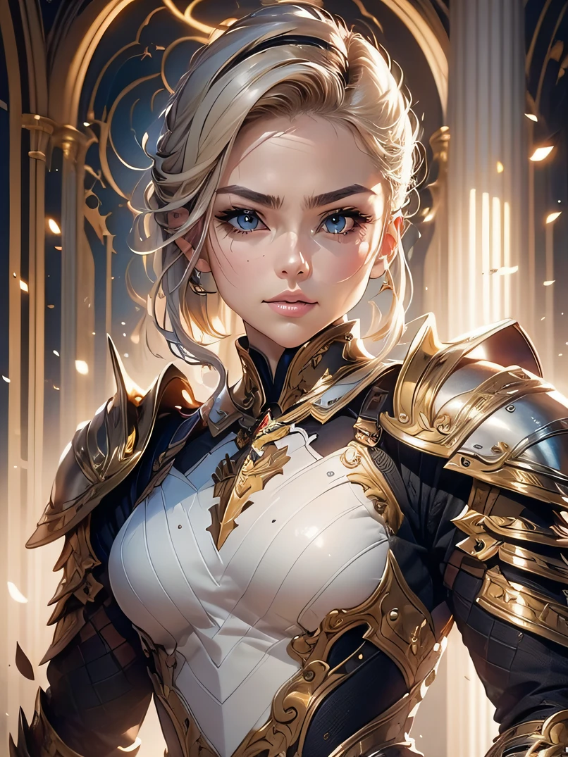（​masterpiece、top-quality、raw、analog style）、foco nítido、Stunning portrait of a beautiful woman、3/5 shots、short blonde hair、((highlydetailed skin、Skin Details))、Perfect physique、Knight's armor with intricate patterns、full armor、Church Square at sunset、Illumination from upper left、holding swords、eye brows up、Sharp eyes、ighly detailed、battle posture、Detailed hand depiction、Detailed chest depiction