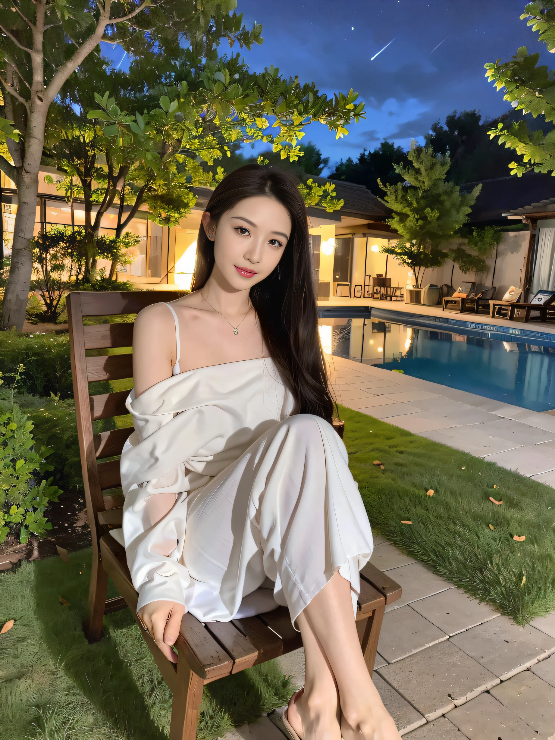 ，masterpiece, best quality，8k, ultra highres，Reallightandshadow，（Realiy，realisticlying)，True skin texture，Beautuful Women，（the night，natta，starrysky，galactic），Under the stars，A young woman sits in an ancient rocking chair。Her long hair swayed gently with the breeze，Starlight filled her pure countenance。She was holding an old book，The eyes are immersed in the text。The page flashes with silver handwriting，It was as if the stars twinkled in the night。Beside her，There was a puppy curled up at her feet，Intently stared at the owner。In the distant woods came the sound of frogs chirping，Clear streams flow through moss-covered rocks。The starry sky seems to tell the secrets of the universe，And this little picture becomes incomparably beautiful under their witness。