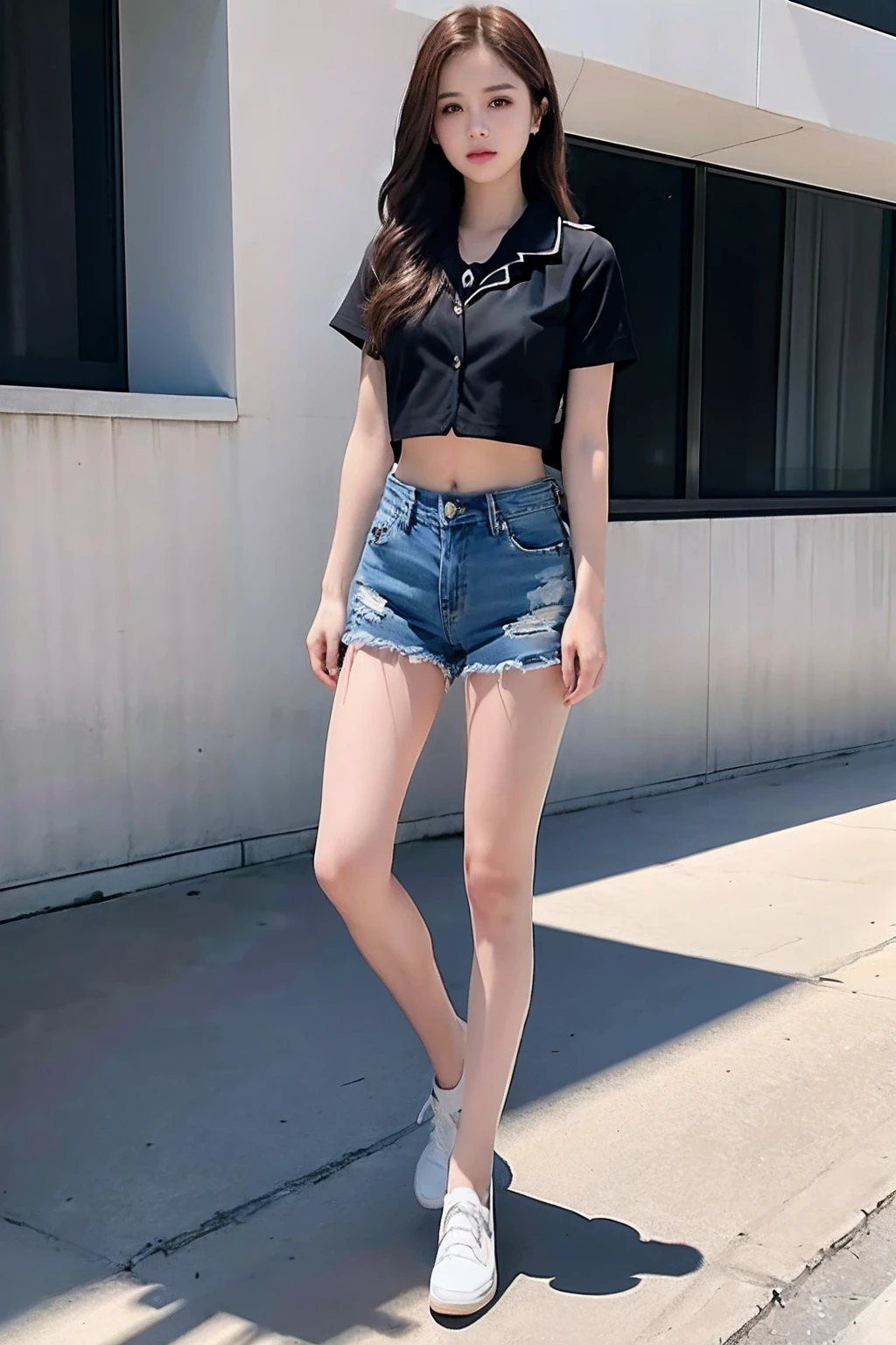 ((medium breast, tomboy girls, small head)), daylight, sunlight, (chiseled abs : 1.1), (perfect body : 1.1), (short wavy hair : 1.2) , auburn hair, collar, chain, full body shot, crowded street, wearing black tanktop, jeans jacket, ((shorts)), (extremely detailed CG 8k wallpaper), (an extremely delicate and beautiful), (masterpiece), (best quality:1.0), (ultra highres:1.0),  beautiful lighting ,perfect lightning, realistic shadows, [highres], detailed skin, ultra-detailed