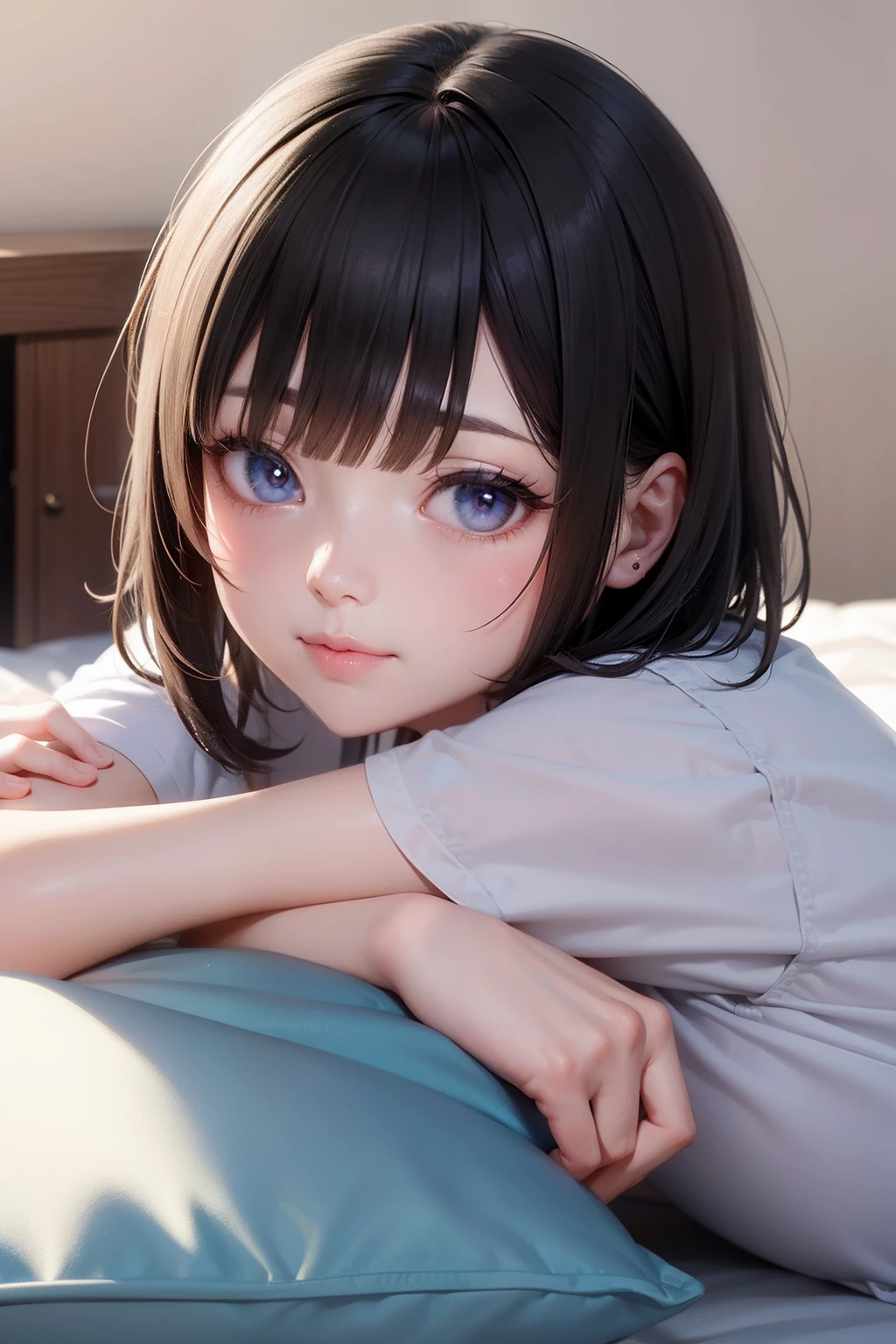 Photo Real、photoRealstic、独奏、girl1、full screen face、Sideways view、Adjacent viewpoint A dark-haired、short-hair、Blunt bangs、Untidy hair、dishevled hair drooing eyes、azure eyes Faces close、Bring your face closer、Face Close-up、Sleep with your body on your side、Look here Background with、In the futon、PILLOWS