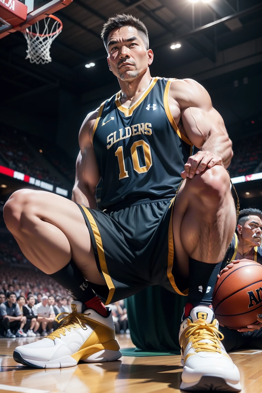 50-year-old middle-aged man,Man,grampa,Height 195,Asian people,sitting in the couch,God perspective,The eyes are about to face each other,Chinese men,musculature,Lift one foot,Wearing a golden Under Armour basketball vest,Gold basketball pants,The number 12 is written on the basketball suit,Gold Under Armour high-leg basketball shoes,Cord,Chains,Ferocious and ferocious,The background is outdoors,There is no basketball,Hold your hands on your knees