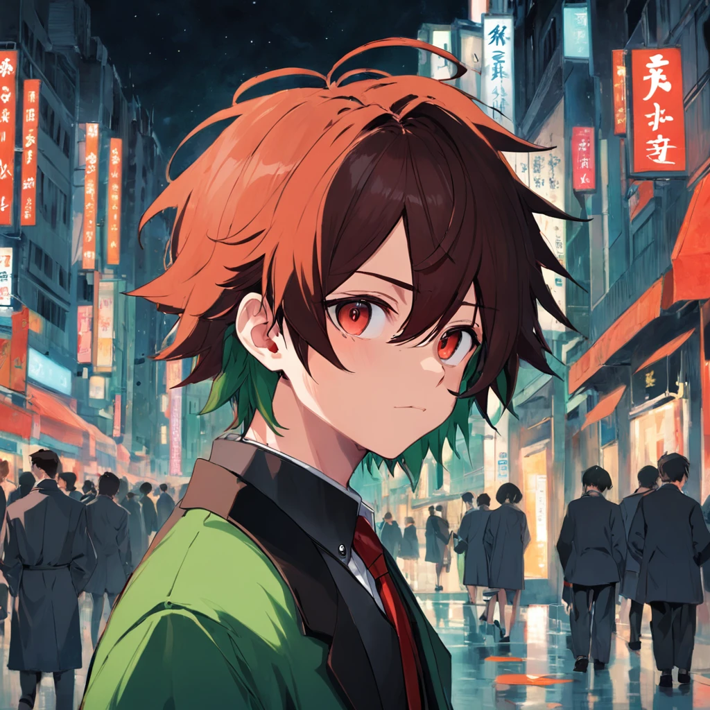 Inspired by Bian Shoumin,(Masterpiece, the best quality), A boy with,green pupills,Brownish red hair,The corners of the mouth are slightly raised,Be red in the face,15year old,dressed in a black coat,Blackn clothes,Wear a hat on a coat,A blue tie,Put your hands in your pockets,Right in front of us,Cute and handsome Japanese painting style,quadratic element,There are mountains in the back,The background is bluish,Only half of the body is exposed,Sunny and handsome,head portrait