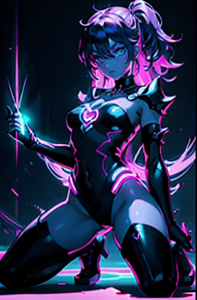 Cyber punk star, sharp teeth, purple and pink eyes, sticking out long tongue, Short green hair with yellow strips, Full naked body revealed, Long black rubber gloves, long black rubber boots, nipples revealed, Blue glowing nipples, Blue glowing pussy revealed, Holding colorful glow sticks on left hand.