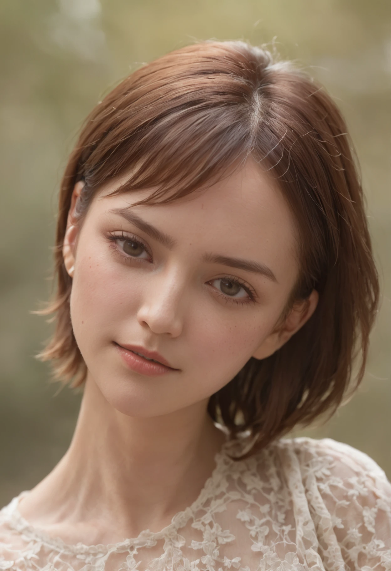 Atmosphere similar to Cameron Diaz、American landscape、Perfect style、20yr old、femele、college aged、Nude appearance、see -through、drooing eyes、Short hairstyle、chestnut hair、When the light hits、 fat girl、sulky face