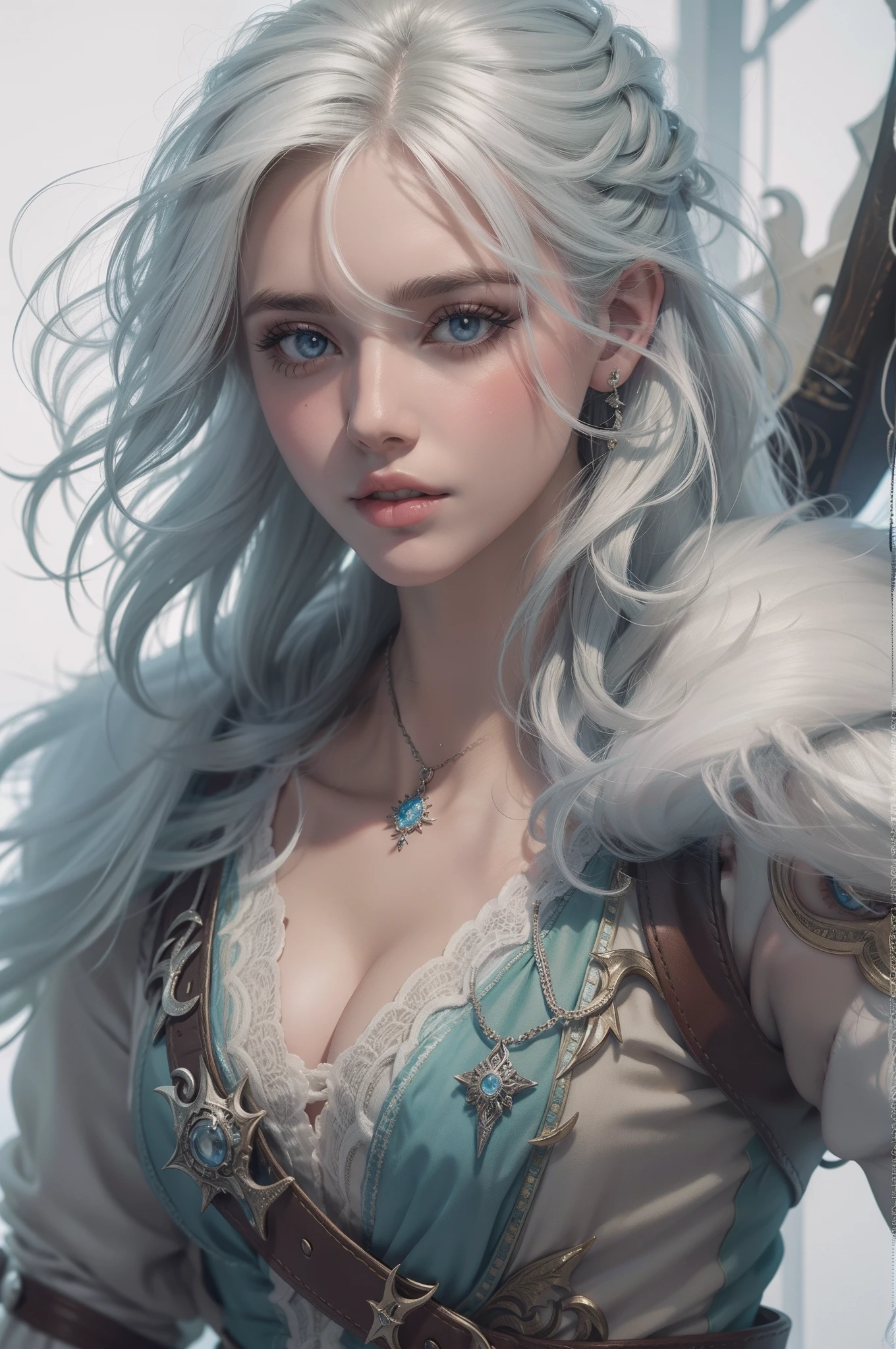 Mulher que lembra a Ciri de The Wicther, com longos cabelos brancos e olhos azuis brilhantes, vestindo roupa casual, seus cabelos chicoteando seu rosto com o vento