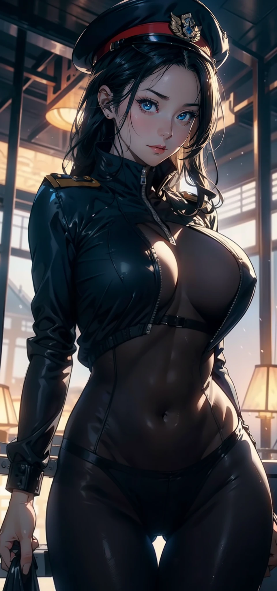 1female,35yo,A MILF,mature,plumw,extremely large bosom, 独奏,(Background with:aerodrome,Planes,snow mountains,at winter season,Snow on the ground,exteriors,) She has long black hair,Stand on the plane,,seen from the front, hair straight, mostly cloudy sky,(((tmasterpiece),(Very detailed CG unity 8K wallpaper),best qualtiy,cinmatic lighting,detailed back ground,beatiful detailed eyes,Bright pupils,Blue eyes,(Very fine and beautiful),(Beautiful and detailed eye description),ultra - detailed,tmasterpiece,)),facing at camera,A high resolution,ultra - detailed),revealing breasts,Bare genitalia, Bulge,legs are open,Raised sexy,Camel toes,Flushed complexion,Desire for dissatisfaction,frontage,French Air Force,Officer's cap(Wearing:Green transparent bomber jacket,Black pantyhose)