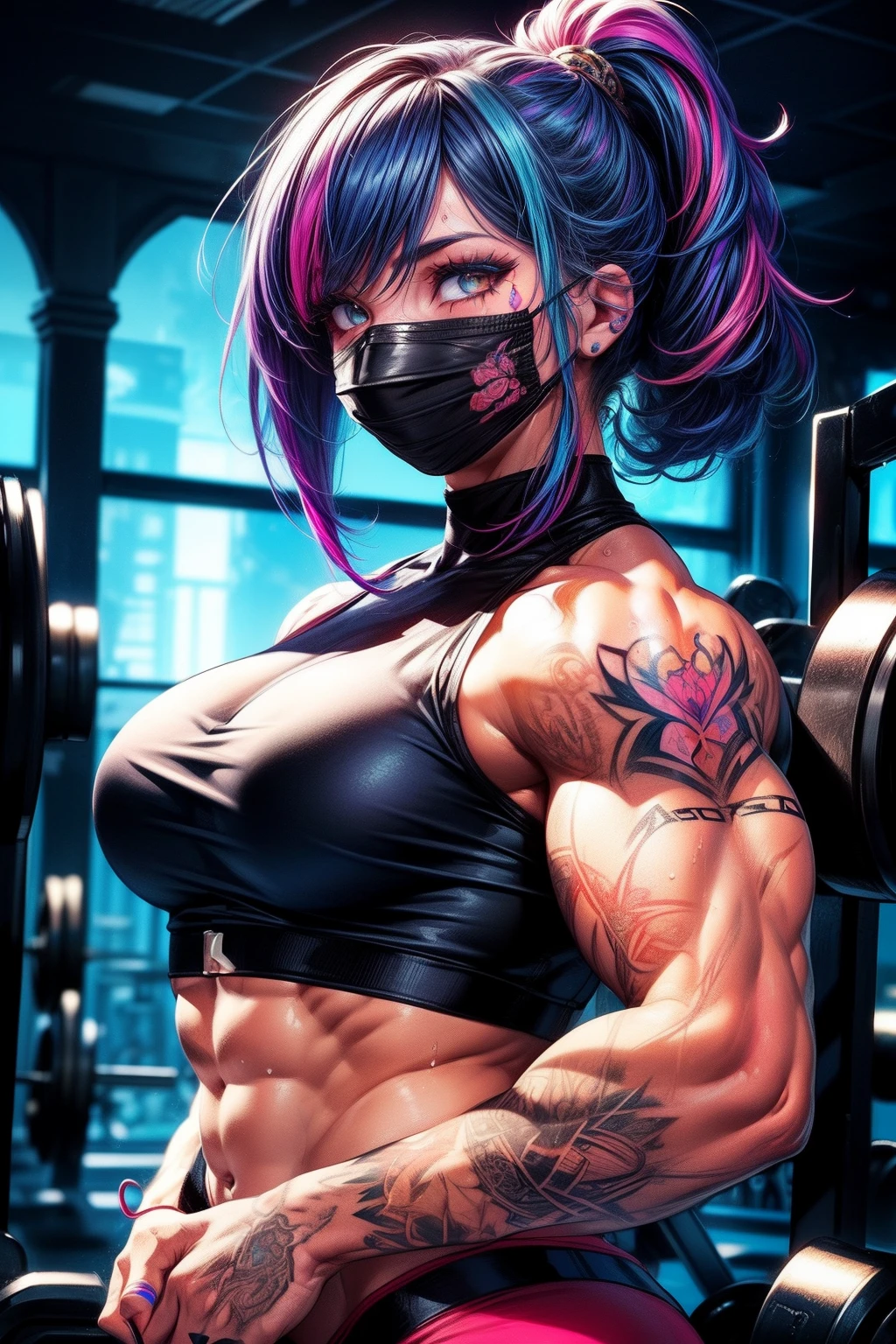 high contrast, (8K UHD:1.2), (photorealistic:1.2),(masterpiece:1.4), (best quality:1.4),extremely detailed wallpaper, highly detailed illustrations, ((1 Girl)) , (super-complex details) official art, unity 8k wallpaper, ultra detailed, beautiful and aesthetic, masterpiece, best quality, (zentangle, mandala, tangle, entangle), (fractal art:1.3) , masterpiece, , intricate detail,((tattoes:1)),((bulking)),covered body, armor medieval,upper body,(body builder crazy muscle:1.6), Fighter, muscular,colorful dress,bob hair,busty,sexy,curvy,crazy abs, upper , from front angle, raised hand, armpit, looking into camera,sweating,wet,((sad eyes)),((tattoes:1.4)),((colorful outfit:1.5)),((unique outfit:1.5))((mouth mask))