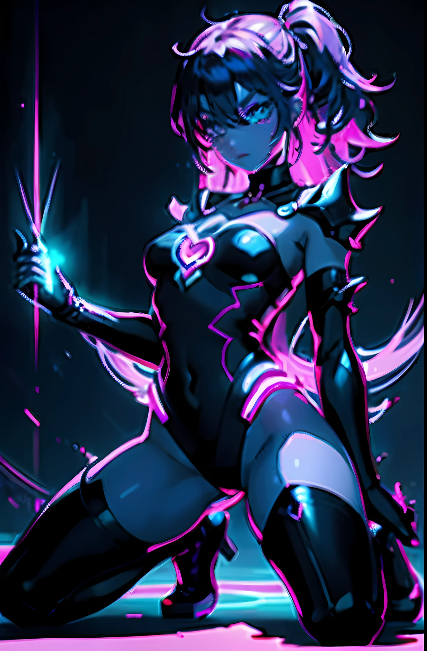 magical girl with dark aesthetic, glowing armor, and a captivating presence. Radiating a seductive glow in vibrant neon lighting, neon glowing hair, ulta high detail, 8k graphics, full body image, kneeling alluringly