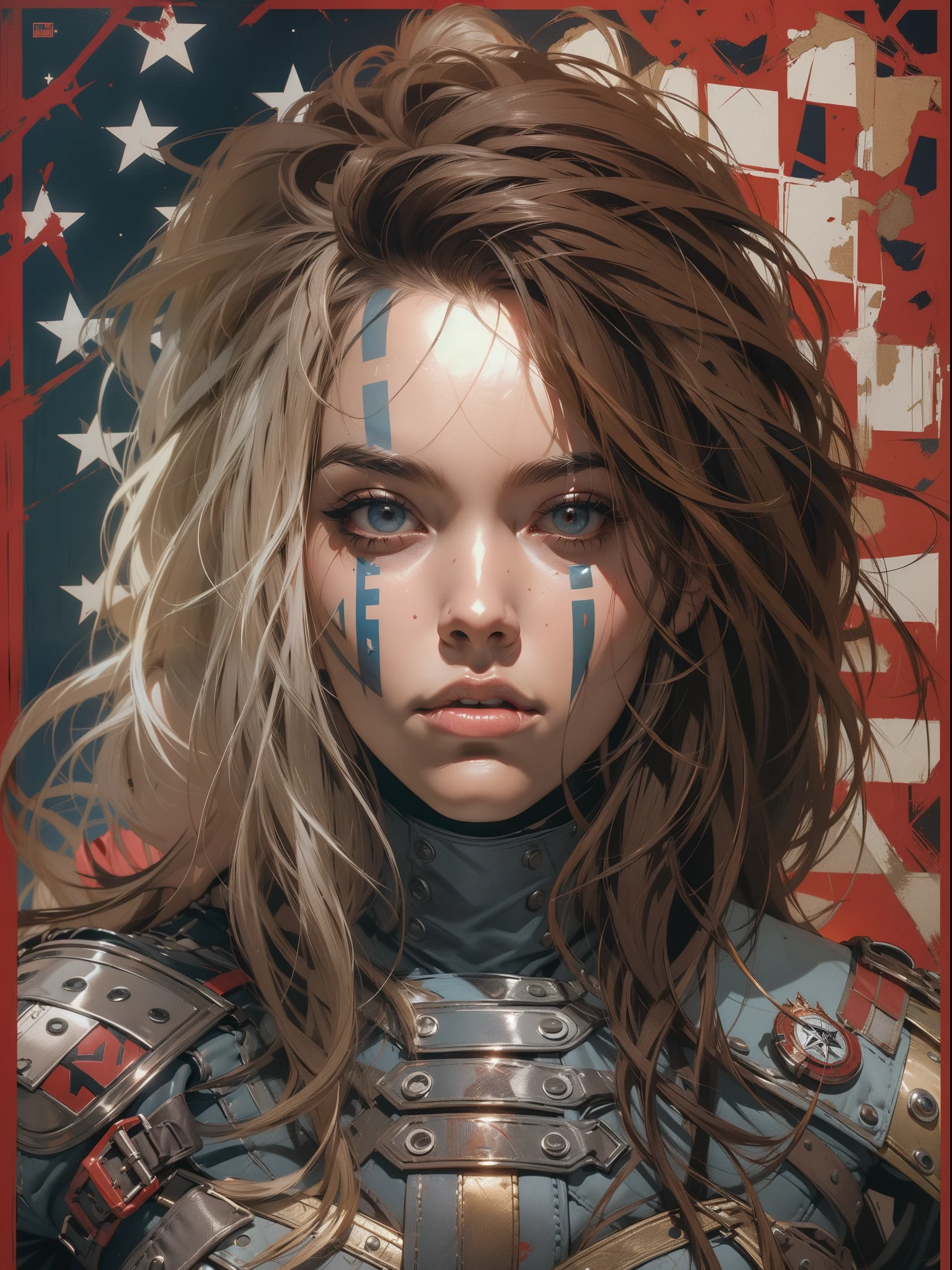 (((mulher))), (((melhor qualidade))), (((obra prima))), (((adulto))), (((1girl))), ((( corte de cabelo bob ))), Uma gladiadora cyberpunk mulher de 25 anos com corpo perfeito, shoulder pads with metal spines, Gladiadores do Brooklyn, (( corte de cabelo bob )), tiny leather panties, camiseta de time de rugby rasgada, quase nua no estilo selvagem urbano de Simon Bisley para a capa da revista Heavy Metal, Cabelo loiro curto, Minimum clothing, Metal protection on the left arm with intricate graphics, Dark red with white stars and zigzag striped pattern, azul marinho e branco, armadura, cheio de espinhos, (((do joelho pra cima))), cabelos loiro branco curto, no fundo uma parede pintada por Shepard Fairey com um design intrincado