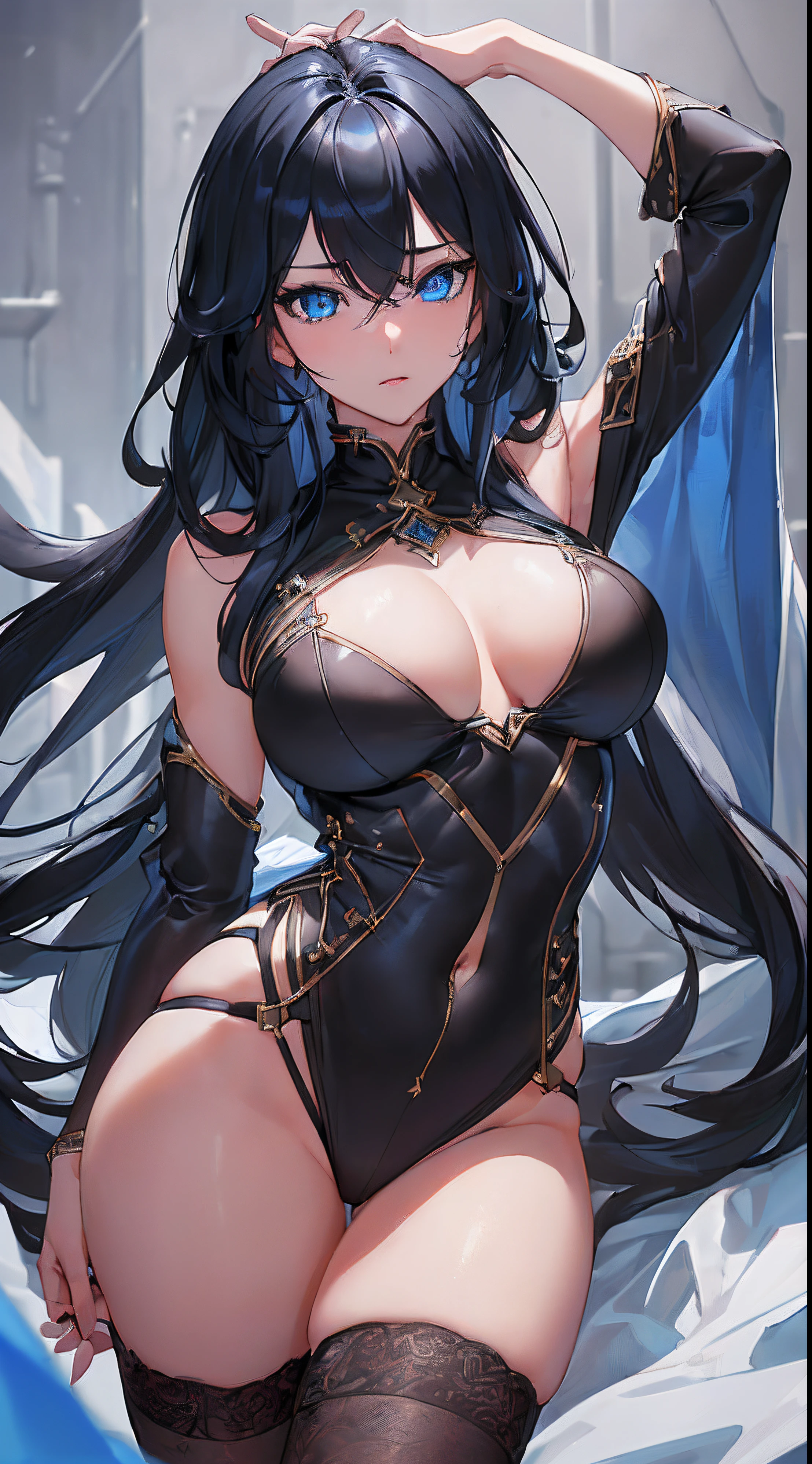 (((Clean, Masterpiece, Best quality, highly detailed, Professional, HD,HDR,UHD,16K))), ung_woman, (solo), (mature and sexy), big boobs, (black long hair:1.3), straight hair, bangs, expressive eyes, (blue eyes:1.5), (black clothing:1.5)
