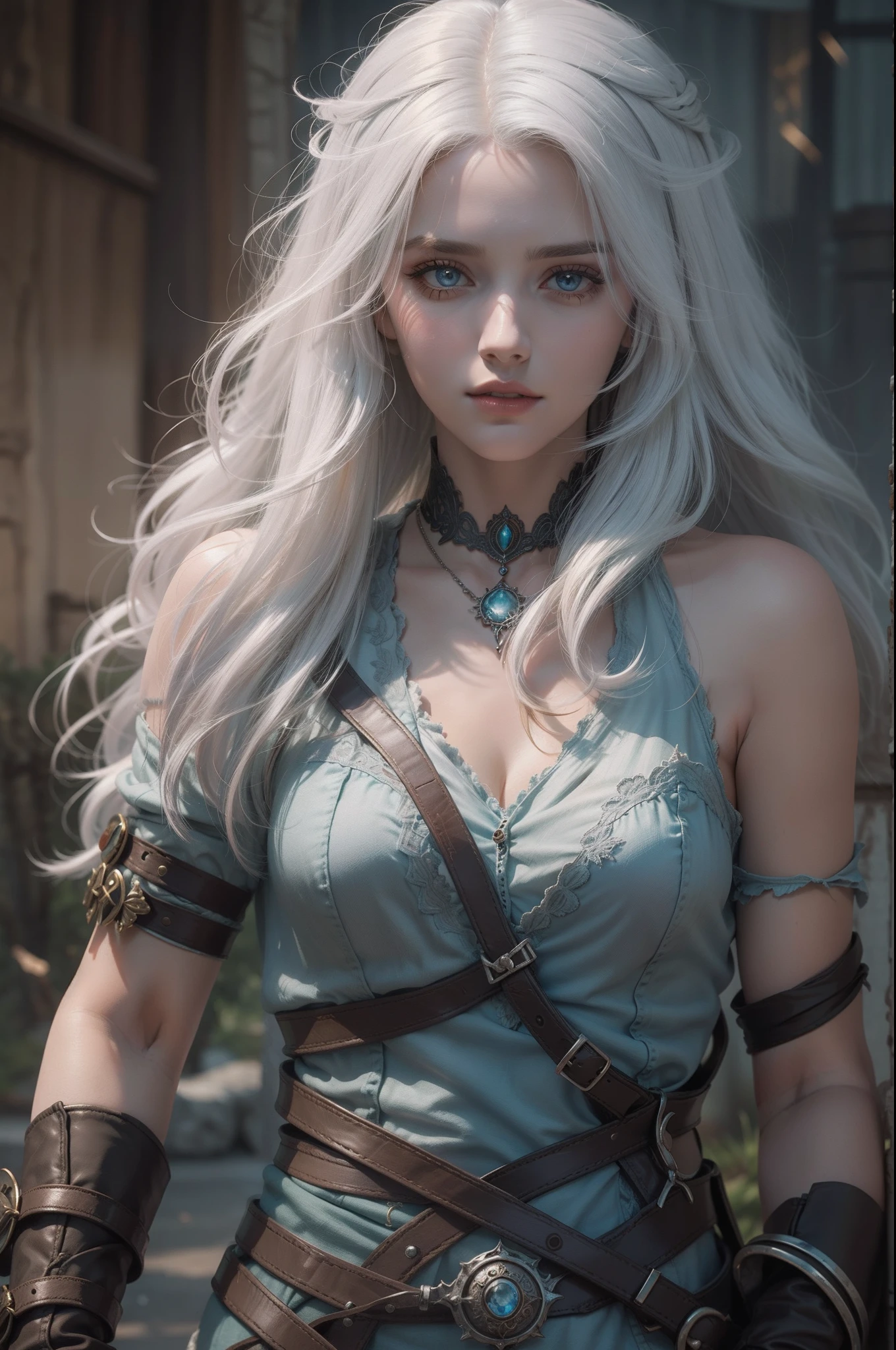 Mulher que lembra a Ciri de The Wicther, com longos cabelos brancos e olhos azuis brilhantes, vestindo roupa casual, seus cabelos chicoteando seu rosto com o vento