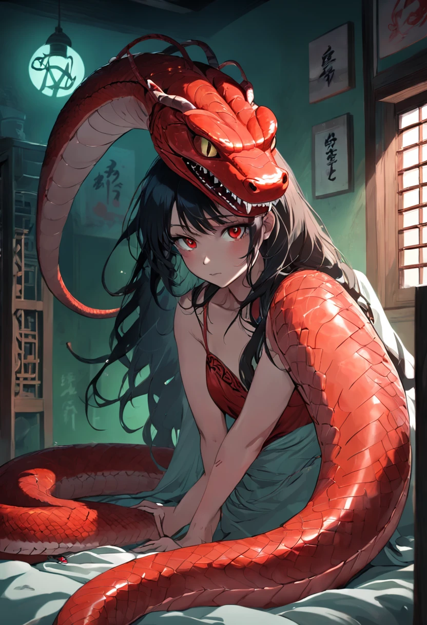 A red snake，At the head of the bed in the room，Squint your green eyes，Spit snake letters，Eerie light，Dark night，high high quality，fog atmosphere，(Chinese folk suspense supernatural comic style),High detail, Sharp focus, Dramatic，Midway and the art of painting by Greg Rutkovsky, Bokeh on the background