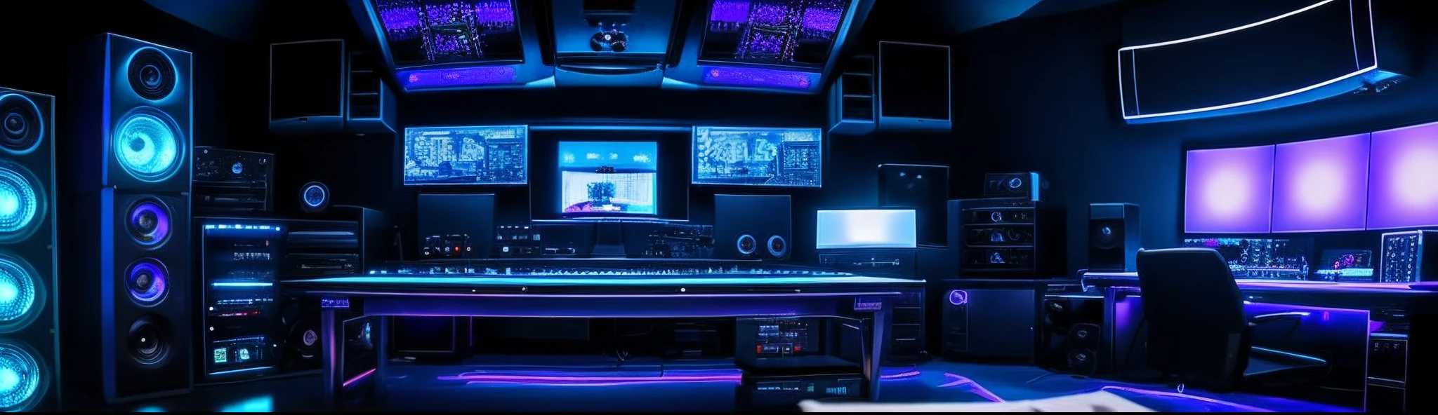 Interior of the home studio, Many LED lights, speakers, Mixing table, There is a hidden figure on the back,sitting at table, Move around on your computer, The headphones are in the ear, Wear a cold shirt, Don't show the character's face, Cyberpunk, air conditioner, microphones