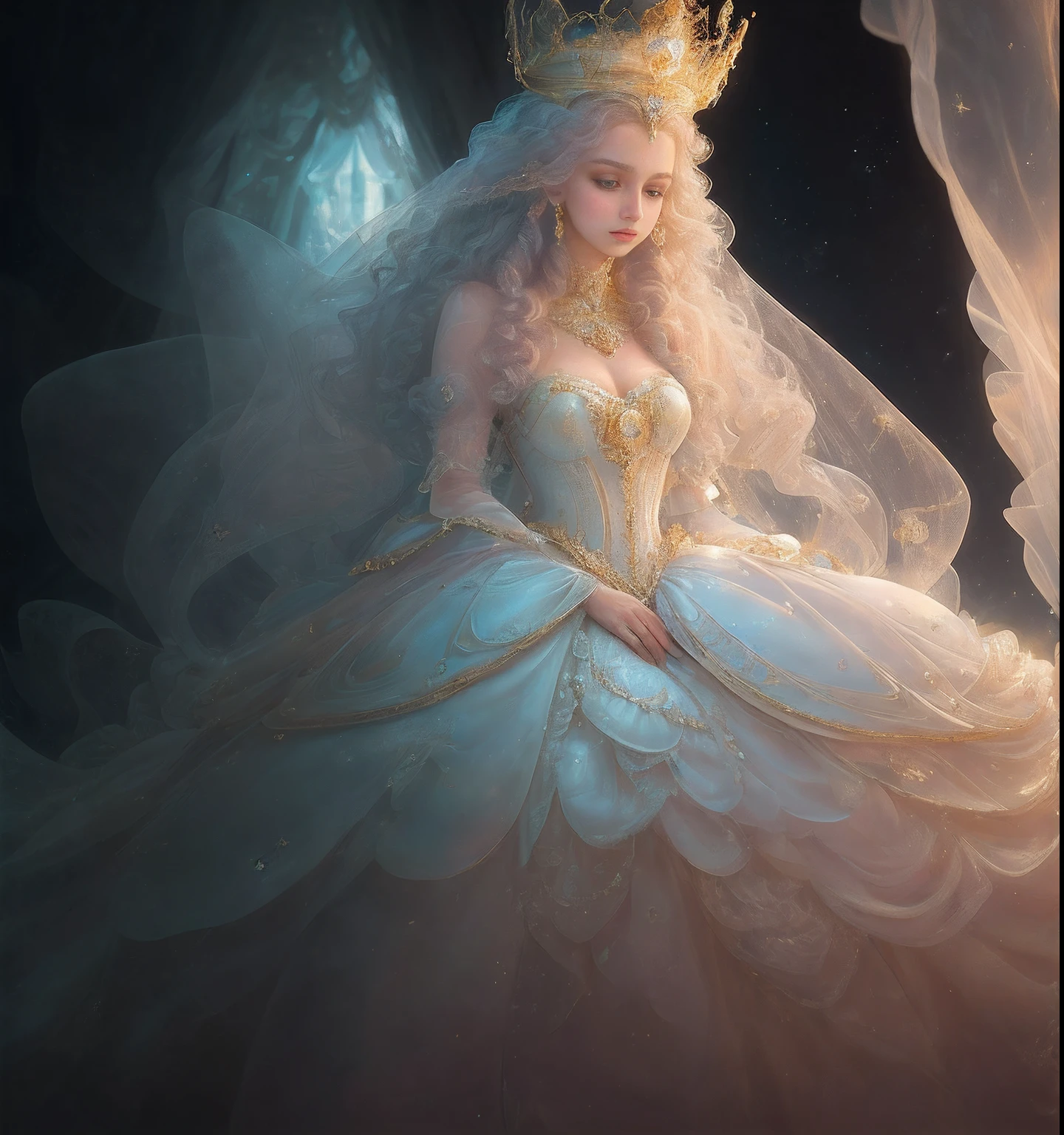 tmasterpiece,Highest high resolution,detailed detail,1 Princess, dress, Soft light on the background, Blue, Pastel, Dreamy, Whimsical, Delicate, Gorgeous golden shell crown, Epic surrealism, The upper part of the body,Meticulous, Magnificent, max details, extremely hyper aesthetic,upscaled