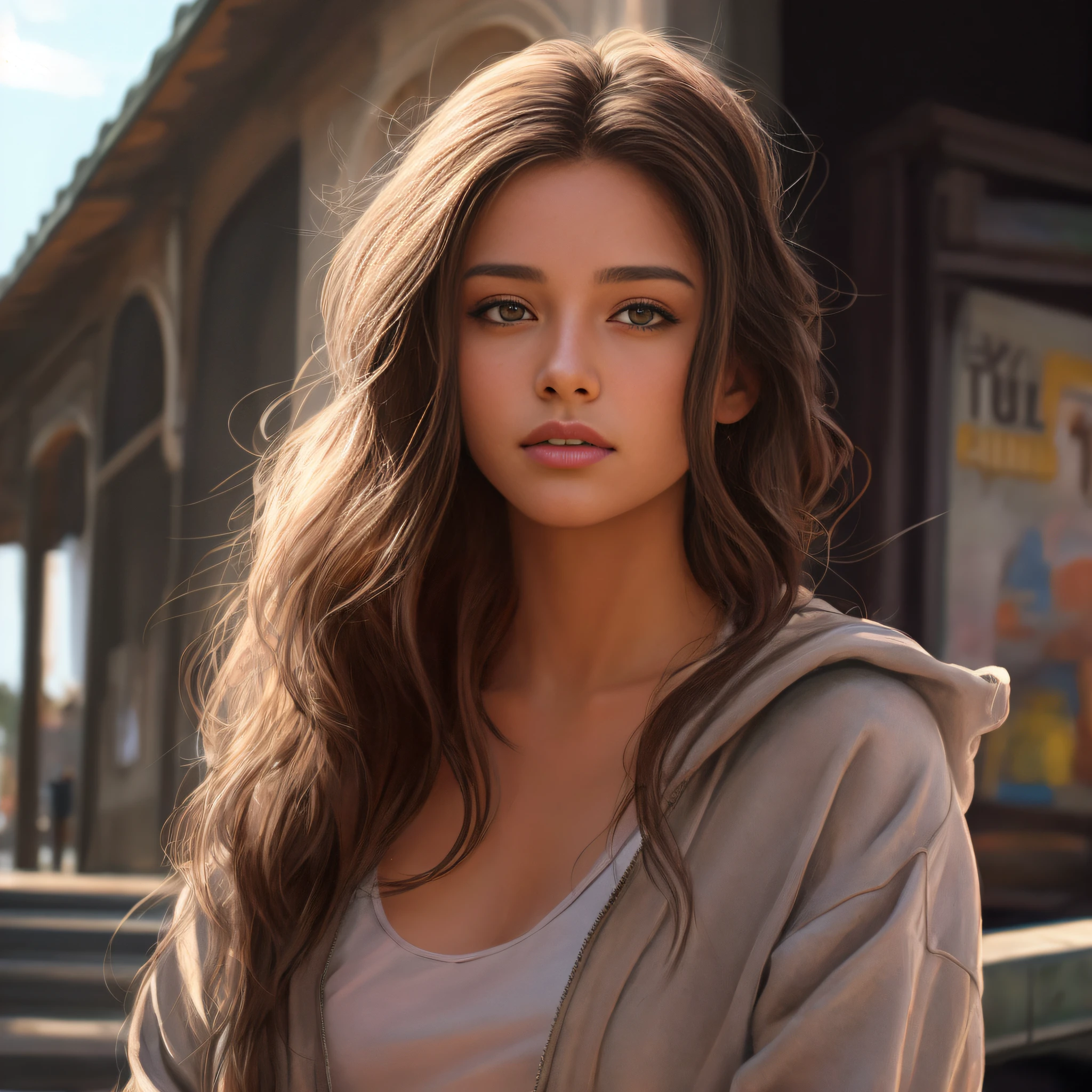 arafed woman with long brown hair and a hoodie posing for a picture, realistic digital painting, realistic digital art 4 k, realistic digital art 4k, gorgeous digital painting, beautiful digital painting, realistic artstyle, stunning digital painting, 8 k realistic digital art, beautiful digital artwork, photorealistic digital painting, realistic art style, soft portrait shot 8 k