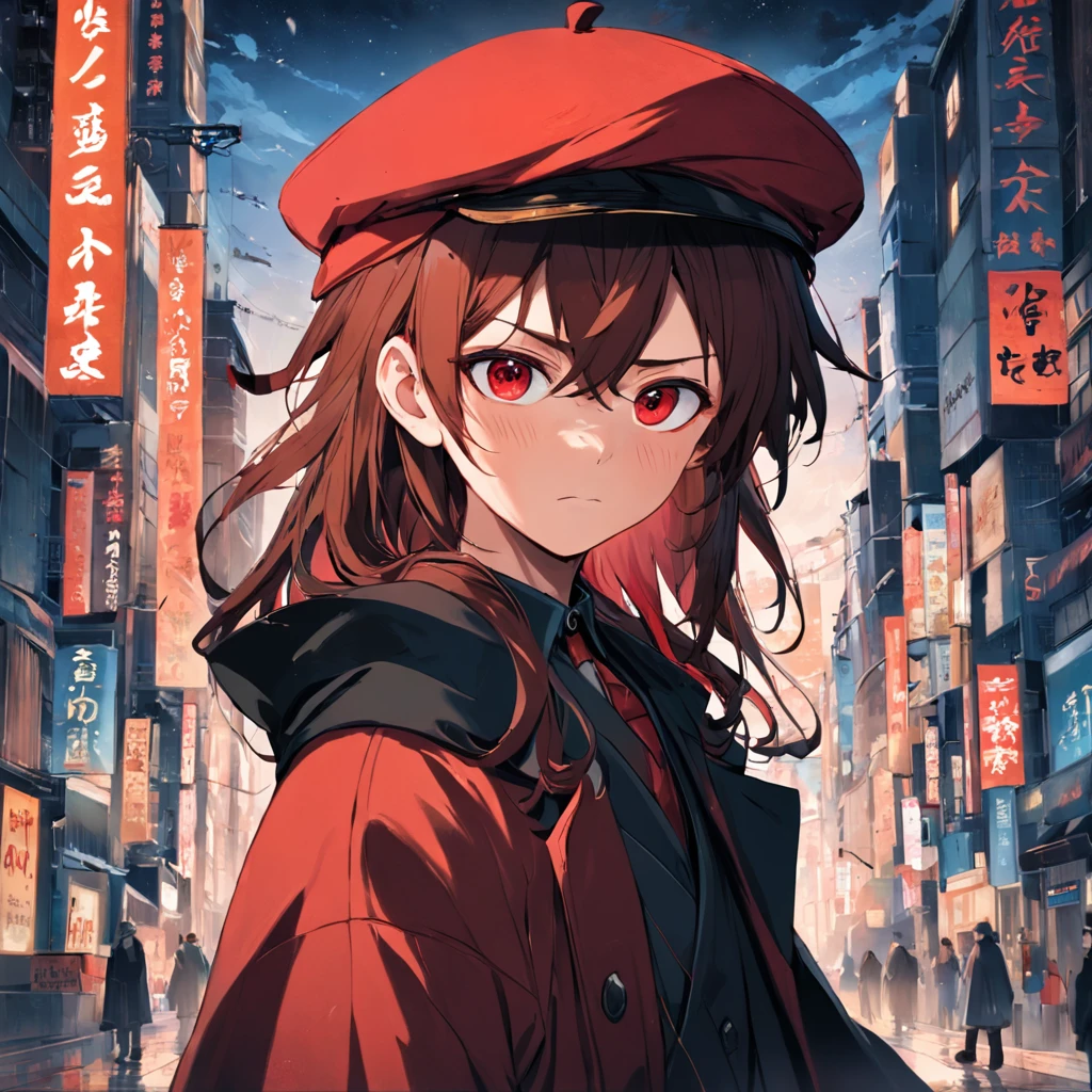 Inspired by Bian Shoumin,(Masterpiece, the best quality), A boy with,Green eyes,Brownish red hair,The corners of the mouth are slightly raised,Be red in the face,15year old,dressed in a black coat,Blackn clothes,Wear a hat on a coat,A blue tie,Put your hands in your pockets,Right in front of us,Cute and handsome Japanese painting style,quadratic element,There are mountains in the back,The background is bluish,Only half of the body is exposed,Sunny and handsome,head portrait