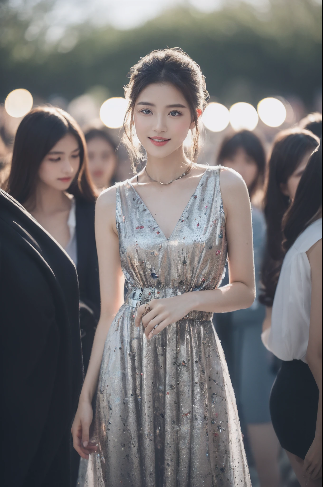 (8K, RAW photo, Photorealistic:1.25) ,( Gloss on lips,glossy finish, Glossy glossy skin, Best quality, 超A high resolution, color difference, Caustics, Wide light, naturalshadow) look with serenity and goddess-like bliss to the spectators,(depth of fields:1.6), (colorful unfocused lights on background:1.2) ,very natural make-up,Cloudy day shooting . slender eyes.downcast eyes. A distant look in her eyes、Smile,(Gorgeous summer dress)(Fashion professional model)、Radio City、Medium hair