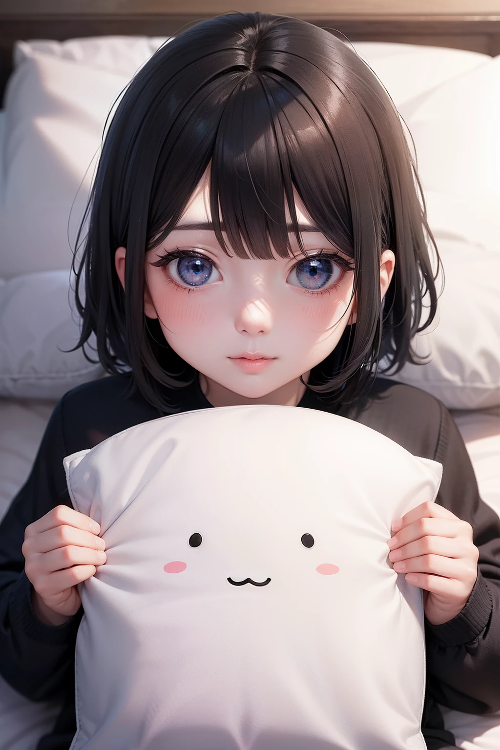 Photo Real、photoRealstic、独奏、girl1、full screen face、Sideways view、Adjacent viewpoint　A dark-haired、short-hair、Blunt bangs、Untidy hair、dishevled hair　drooing eyes、azure eyes　Faces close、Bring your face closer、Face Close-up、Sleep with your body on your side、Look here　Background with、In the futon、PILLOWS