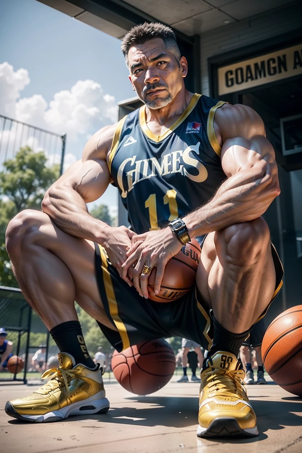 50-year-old middle-aged man,Man,grampa,Height 195,Asian people,sitting in the couch,God perspective,The eyes are about to face each other,Chinese men,musculature,Lift one foot,Wearing a golden Under Armour basketball vest,Gold basketball pants,The number 12 is written on the basketball suit,Golden-armored high-leg basketball shoes,Cord,Chains,Ferocious and ferocious,The background is on the playground,There is no basketball,Hold your hands on your knees