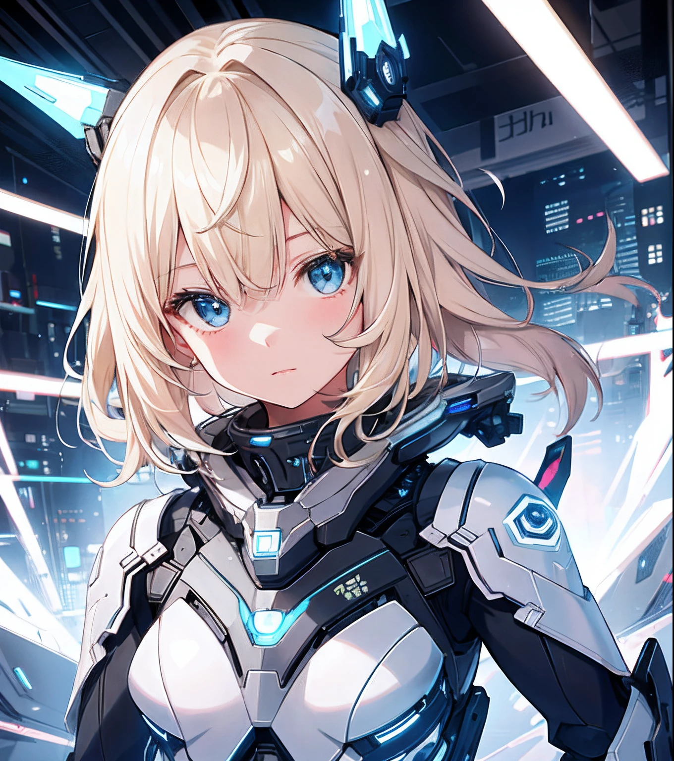 1girll, Blonde, Smooth hair, Detailed face, Cute, Good anatomy, Gray and black mech set, Bright lights, Blue light, Futuristic city