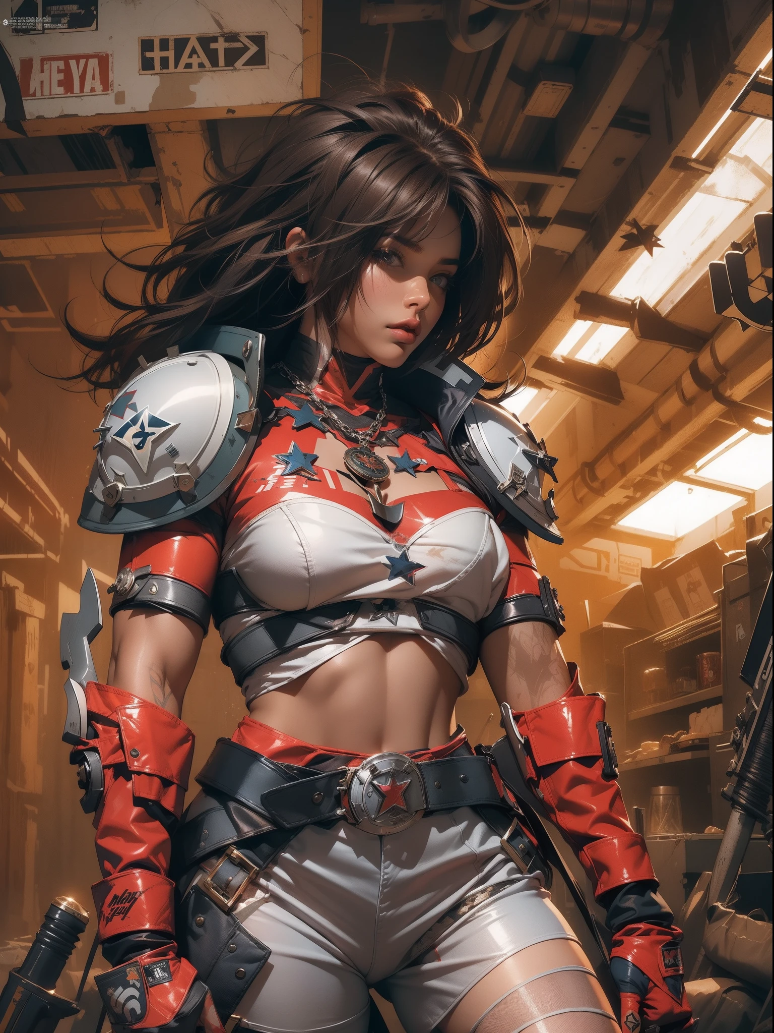 (((mulher))), (((melhor qualidade))), (((obra prima))), (((adulto))), (((1girl))), ((( corte de cabelo bob ))), Uma gladiadora cyberpunk mulher de 25 anos com corpo perfeito, shoulder pads with metal spines, Gladiadores do Brooklyn, (( corte de cabelo bob )), tiny leather panties, camiseta de time de rugby rasgada, quase nua no estilo selvagem urbano de Simon Bisley para a capa da revista Heavy Metal, Cabelo loiro curto, Minimum clothing, Metal protection on the left arm with intricate graphics, Dark red with white stars and white and navy blue checkerboard pattern, armadura, cheio de pontas e rebites, (((do joelho pra cima))), cabelos loiro branco curto, no fundo uma parede pintada por Shepard Fairey com um design intrincado