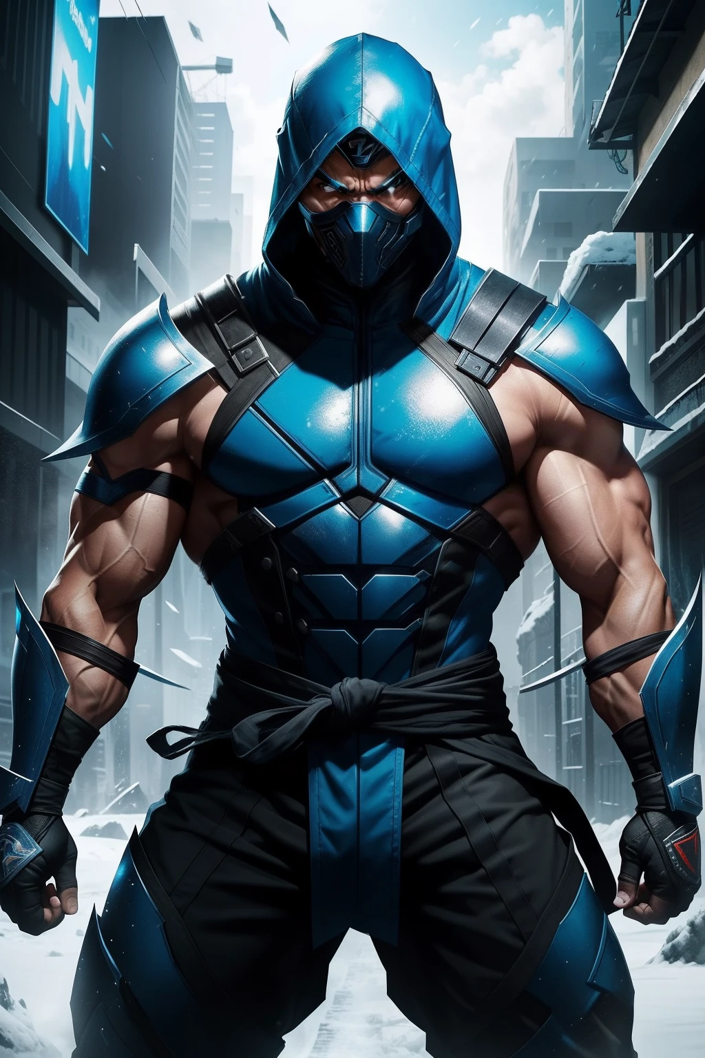 Cyber Sub-Zero、The game is a character from Mortal Kombat, Cyber Sub-Zero, Mortal Kombat, Under combat construction, Preparing for a strike, ice background, Frozen tree on background, muscular body, (Athletic:1.07), For use, ninjartist, in full height, hight resolution, ighly detailed, hight resolution, 8K, Raw photo, Best Quality, masutepiece