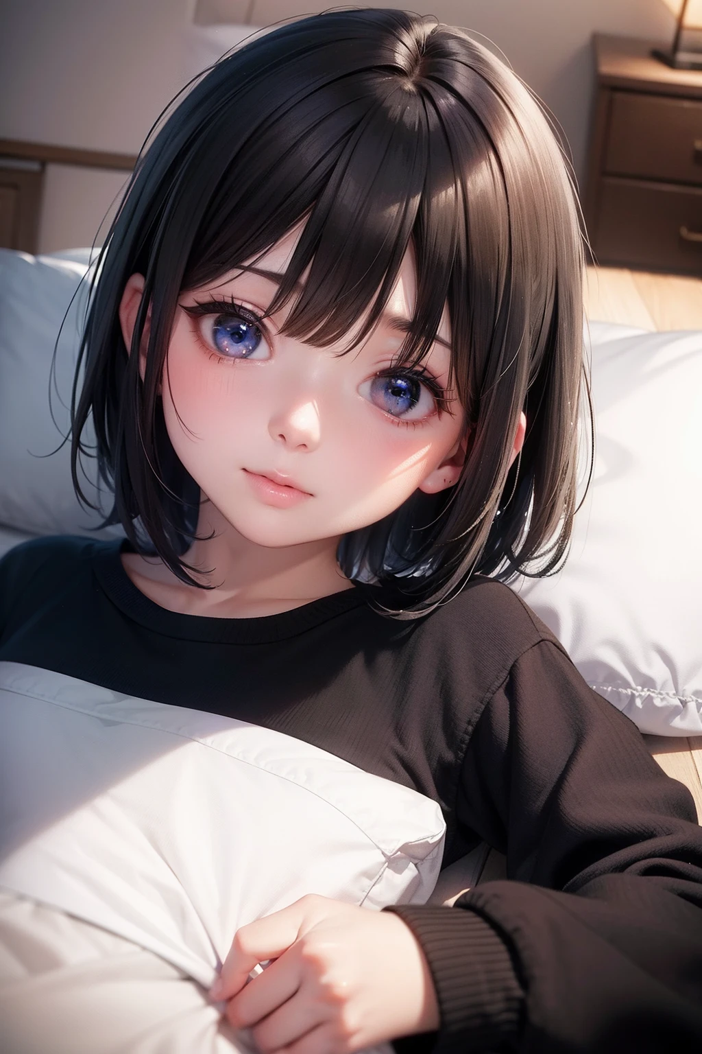 Photo Real、photoRealstic、独奏、girl1、full screen face、Sideways view、Adjacent viewpoint Navy blue hair、short-cut、Blunt bangs、Untidy hair、dishevled hair closing eye、droolng Faces close、Bring your face closer、Face Close-up、Close distance、Sleep on your side、s asleep Background with、futon bedding、PILLOWS