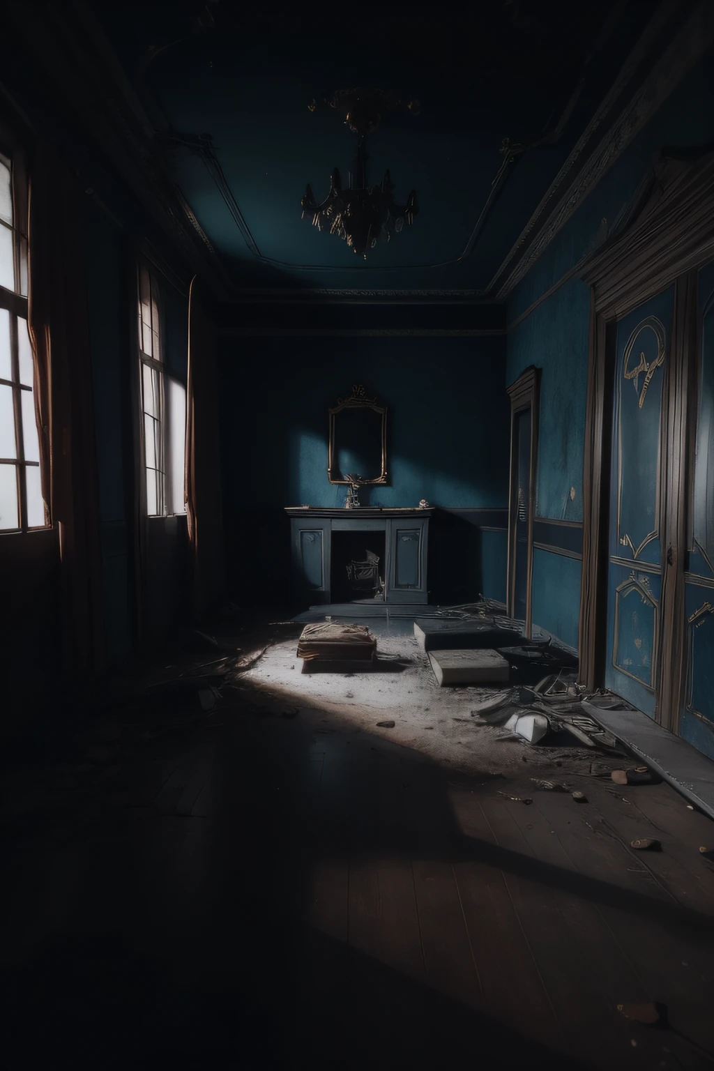 Quarto Arafed com um lustre e uma janela, Quarto abandonado liminar assombrado, Sala de Pressentimento, quarto misterioso, room of a dark mansion, an old abandoned mansion, inside a haunted destroyed house, room with eerie feeling, em uma casa antiga. hyper realistic, Quarto fantasma, interior da casa abandonada, interior da casa assombrada, em uma casa abandonada e desolada.arte digital 4k altamente detalhada, Bela arte UHD 4K, 8k arte detalhada de alta qualidade, arte digital 4k detalhada, Arte 8K impressionante, fotografia